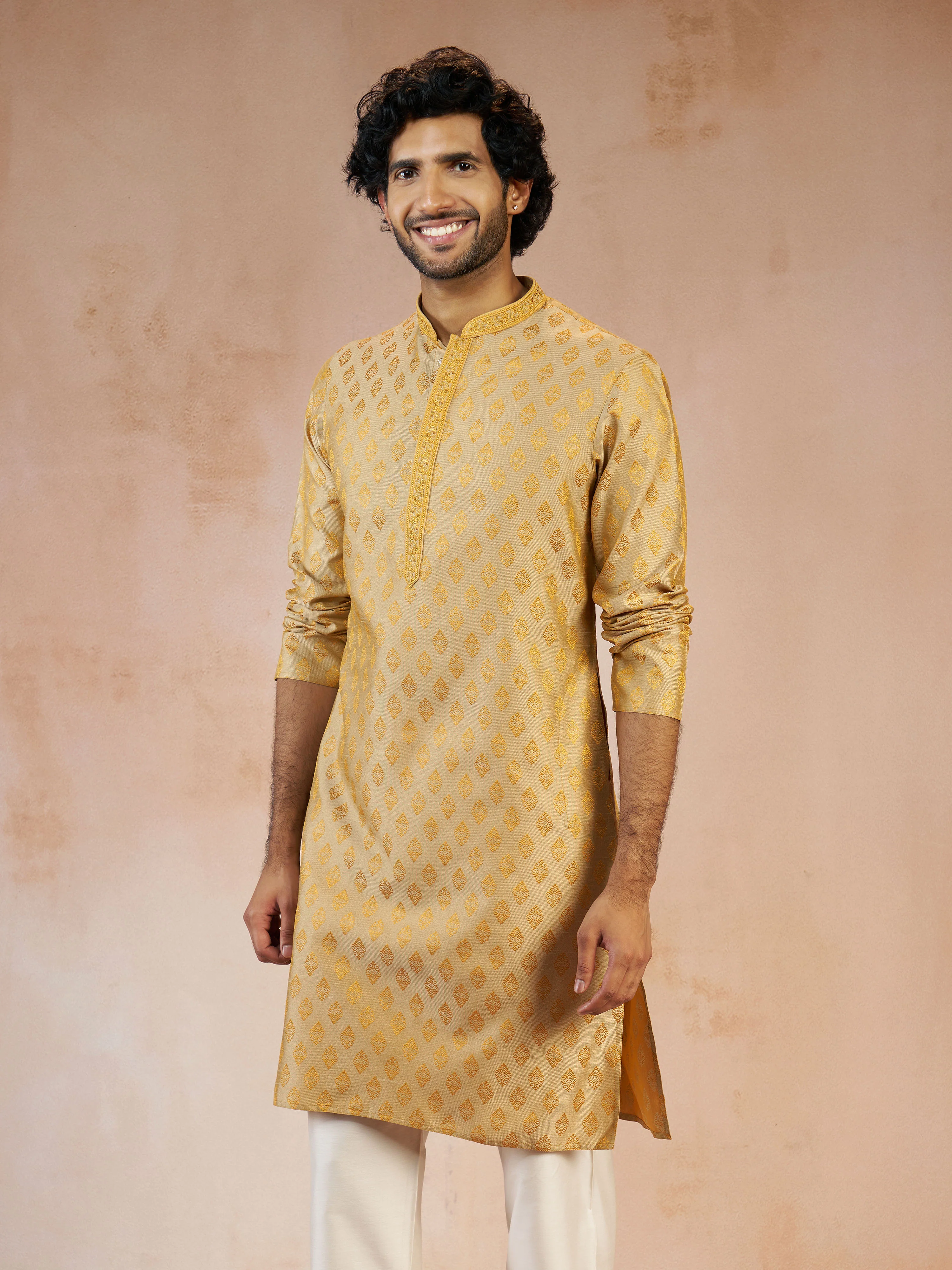 Men's Gold Sequin & Thread Embroidered Silk Blend Jacquard Long Kurta - Image 3