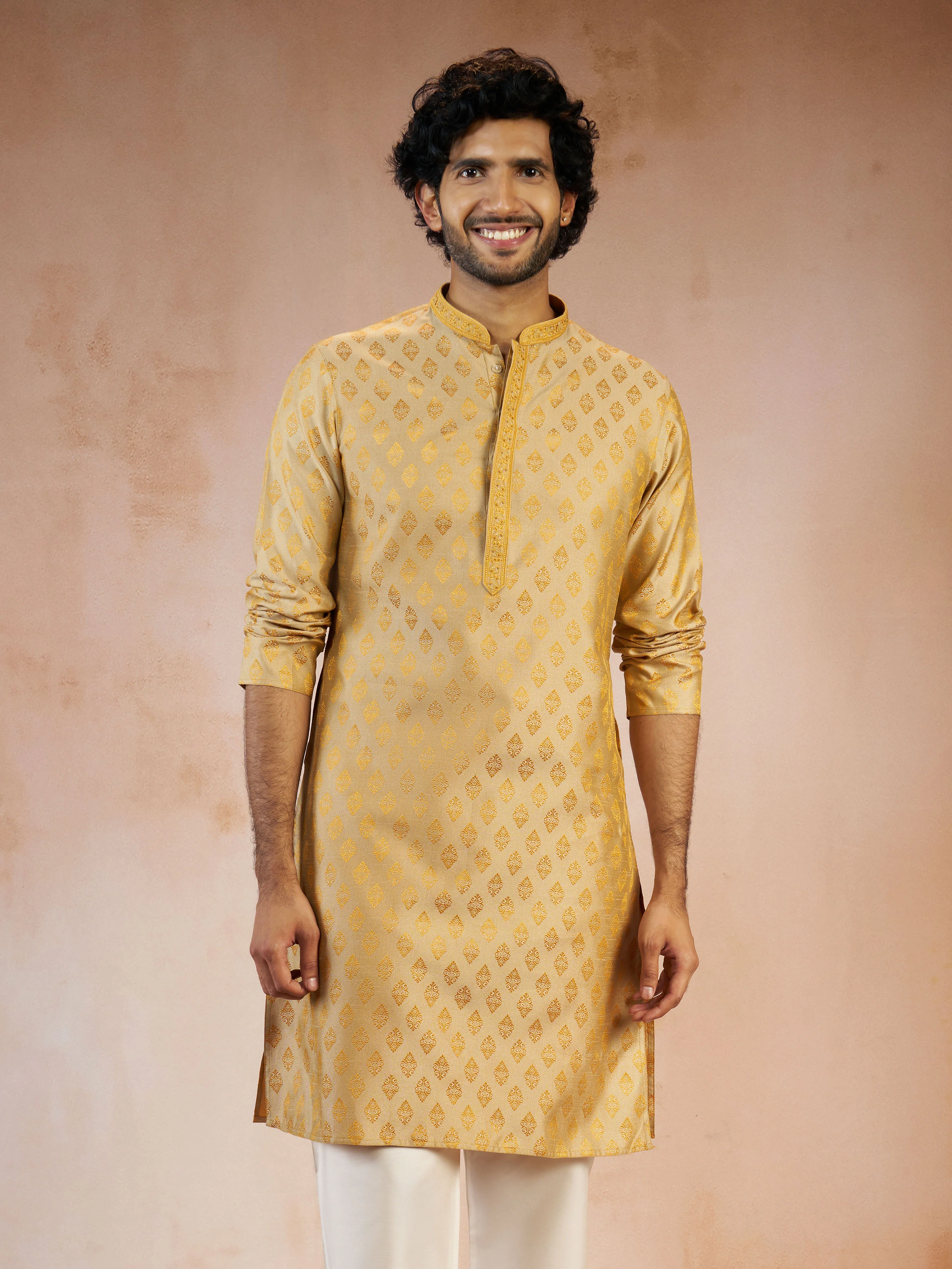 Men's Gold Sequin & Thread Embroidered Silk Blend Jacquard Long Kurta - Image 4
