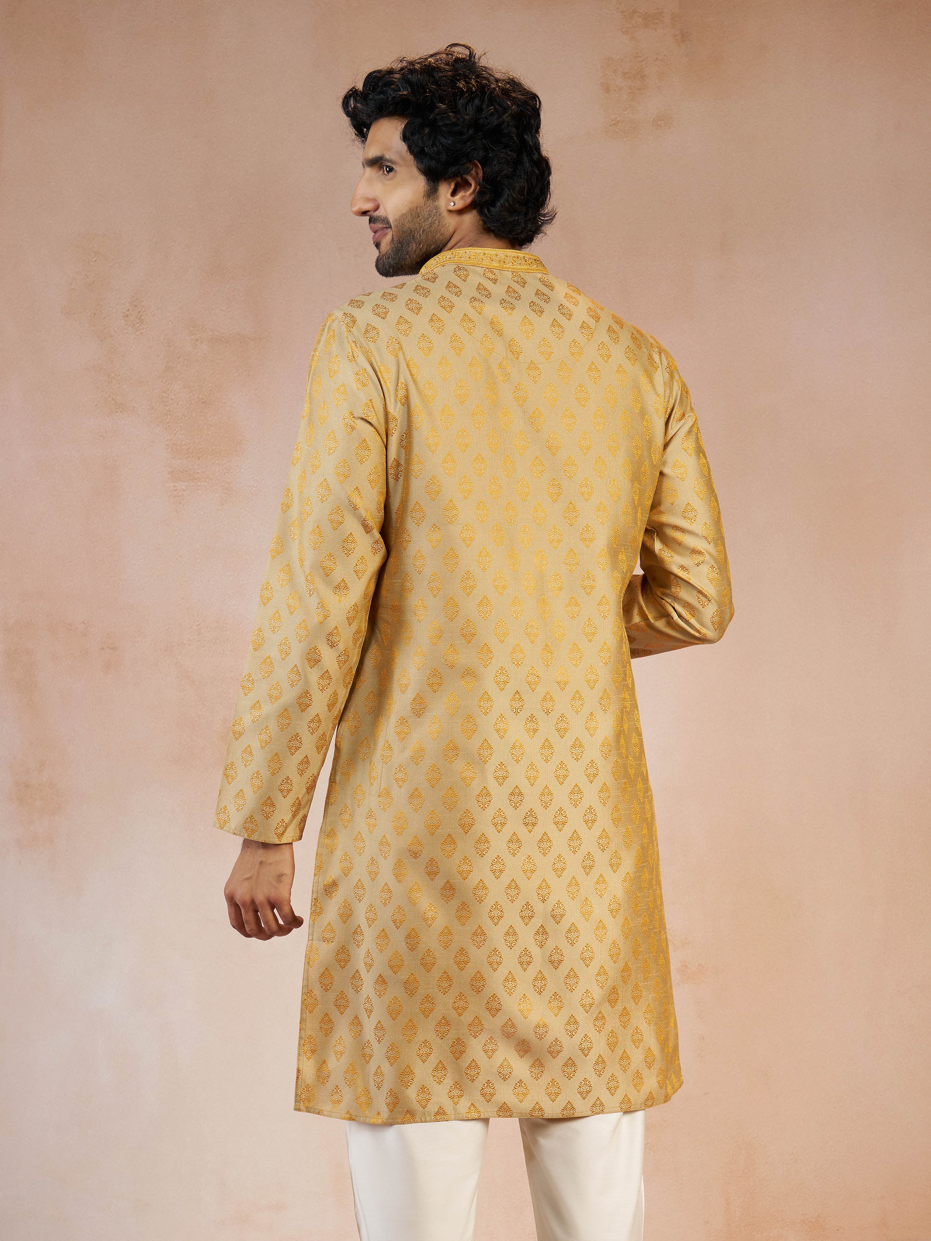 Men's Gold Sequin & Thread Embroidered Silk Blend Jacquard Long Kurta - Image 5