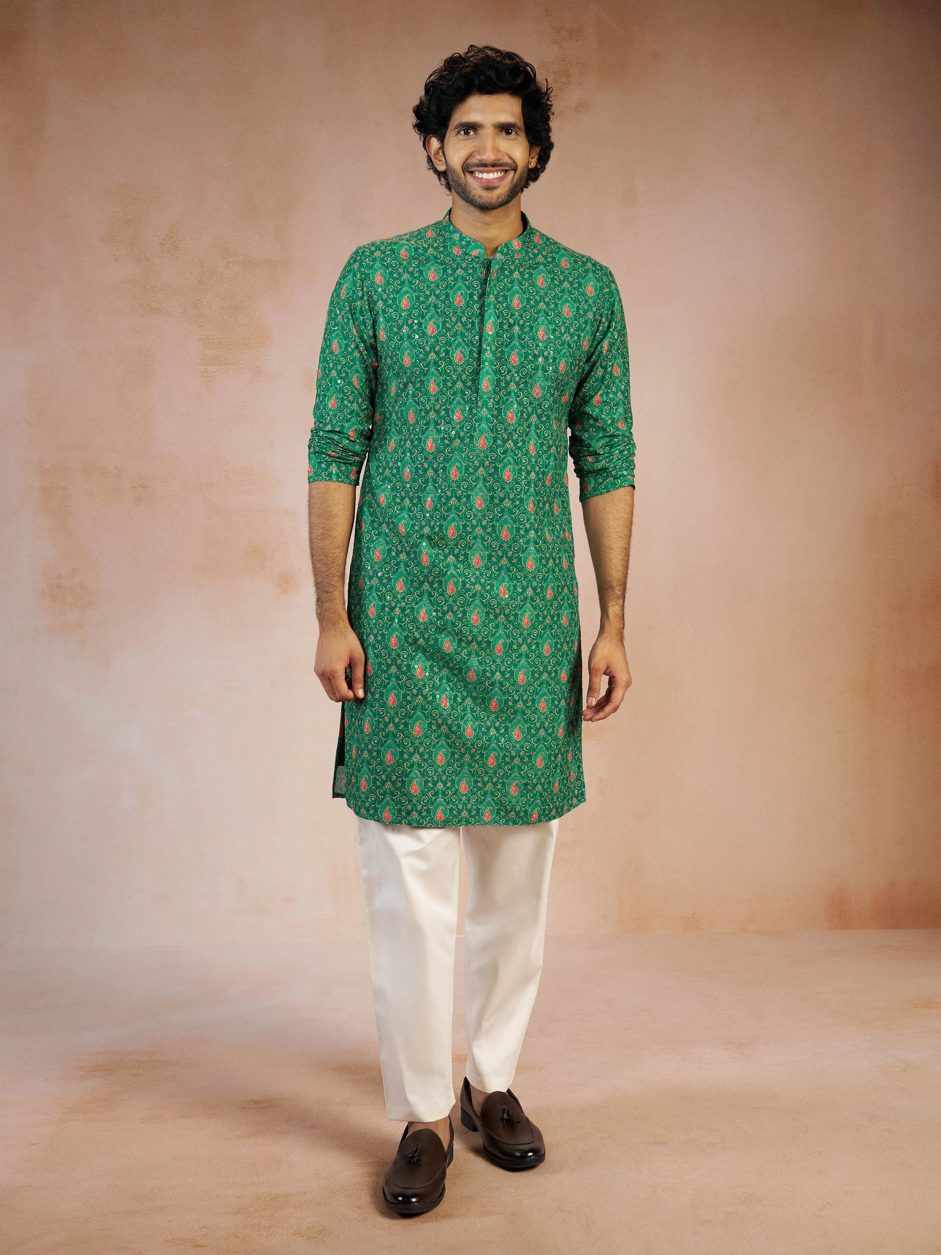 Men's Green Chikankari Silk Blend Kurta with Cream Solid Silk Pyjama Set