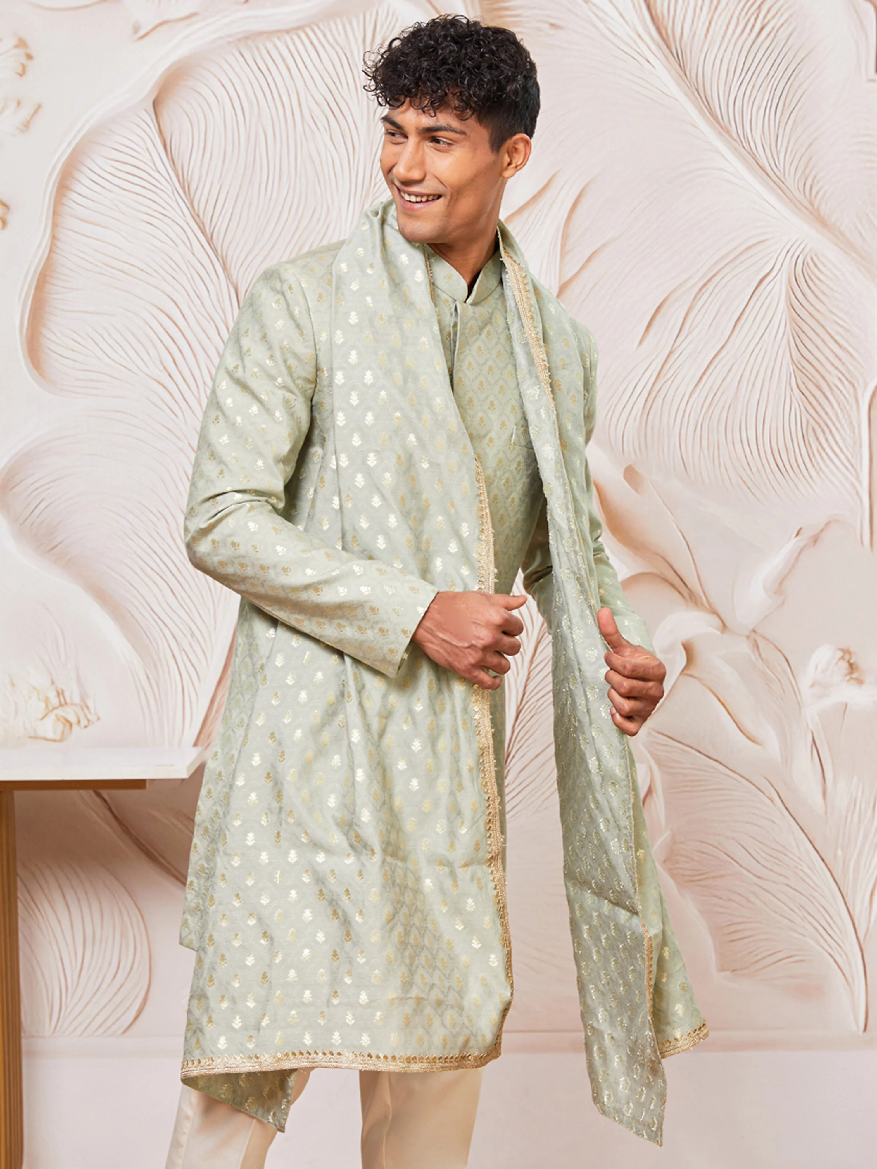 Men's Green Jacquard Silk Blend Indo-Western with Lace Viscose Dupatta Set
