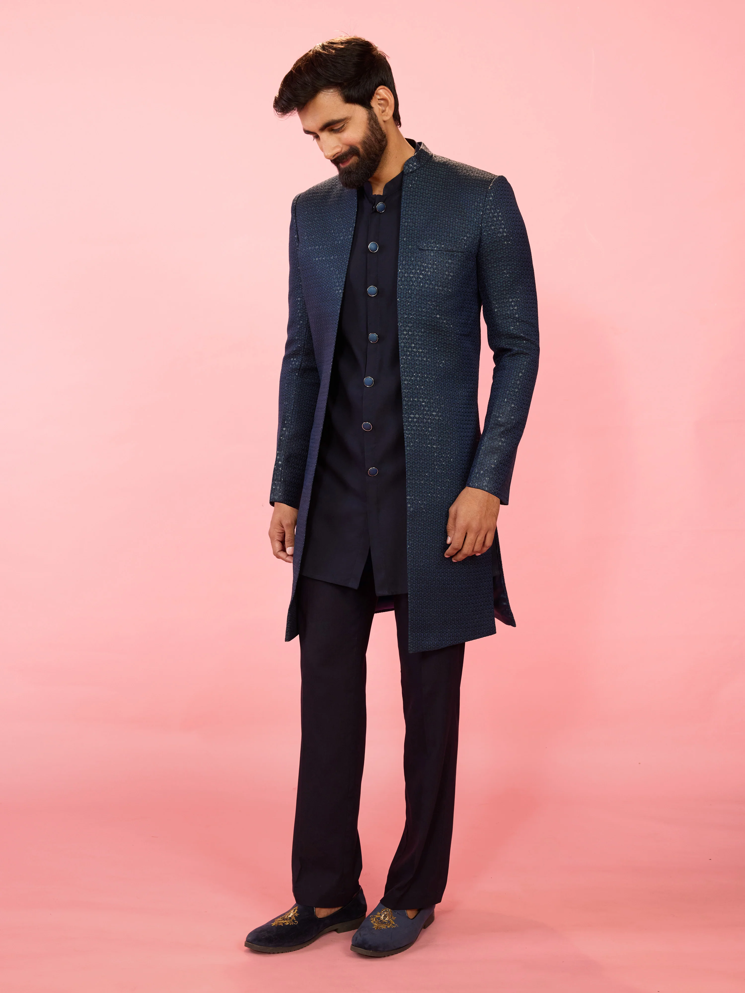 Men's Green Jacquard Silk Blend Indo-Western with Navy Blue Sleeveless Semi-Indo & Imported Suiting Pant Set - Image 4