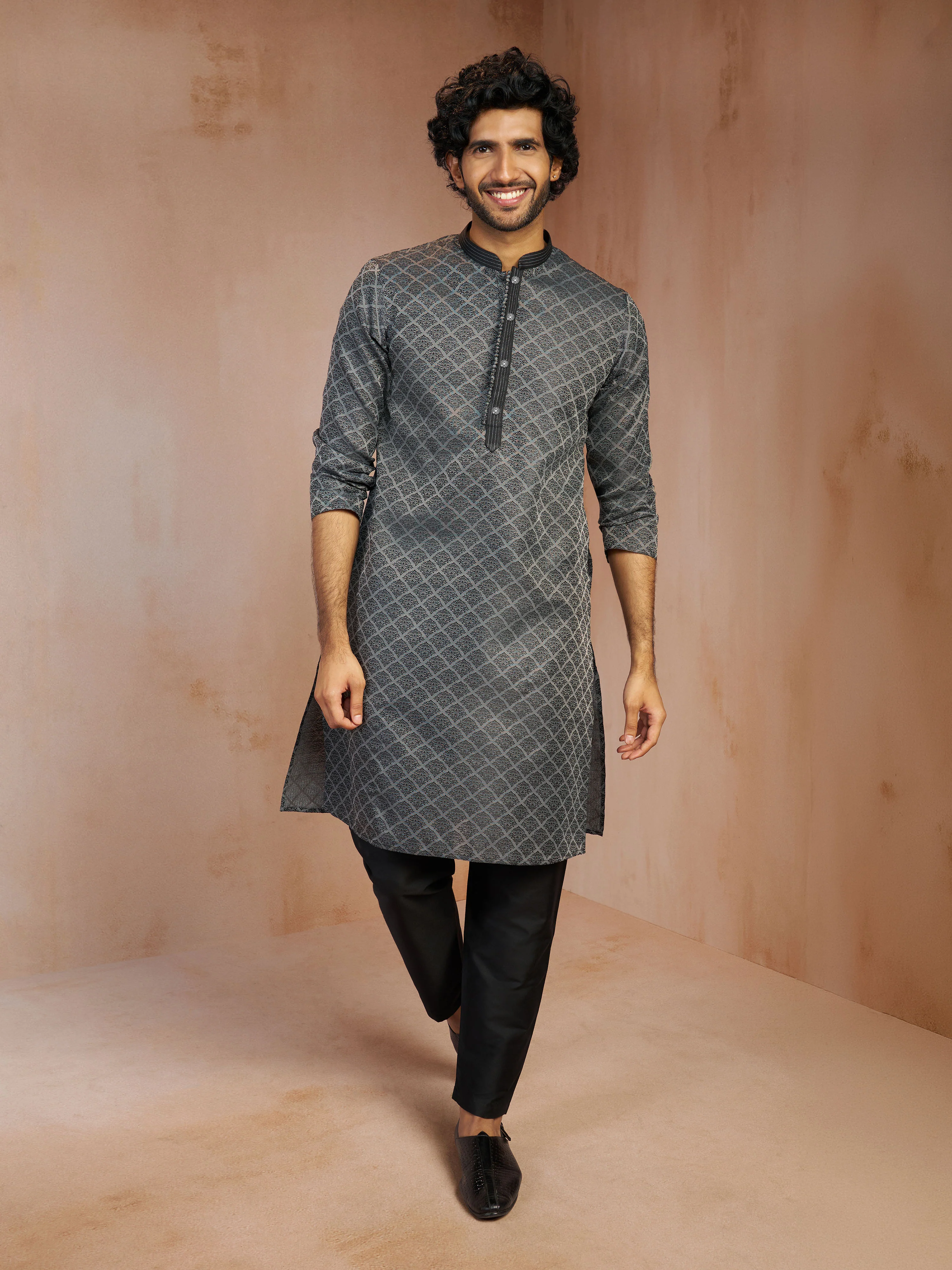 Men's Grey Jacquard Geometric Thread & Sequin Embroidered Silk Blend Straight Kurta - Image 6