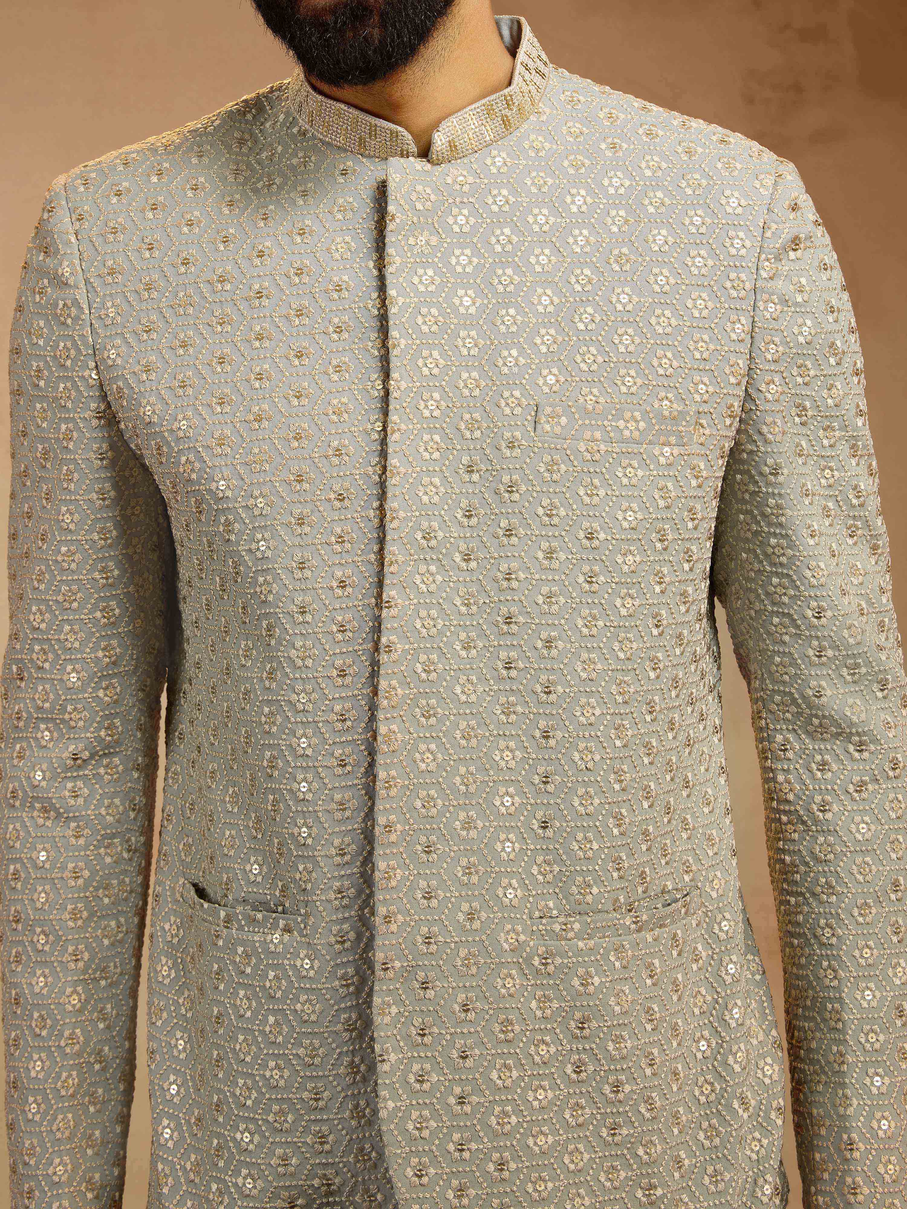 Men's Grey Sequin Embroidered Jodhpuri Jacket - Image 2