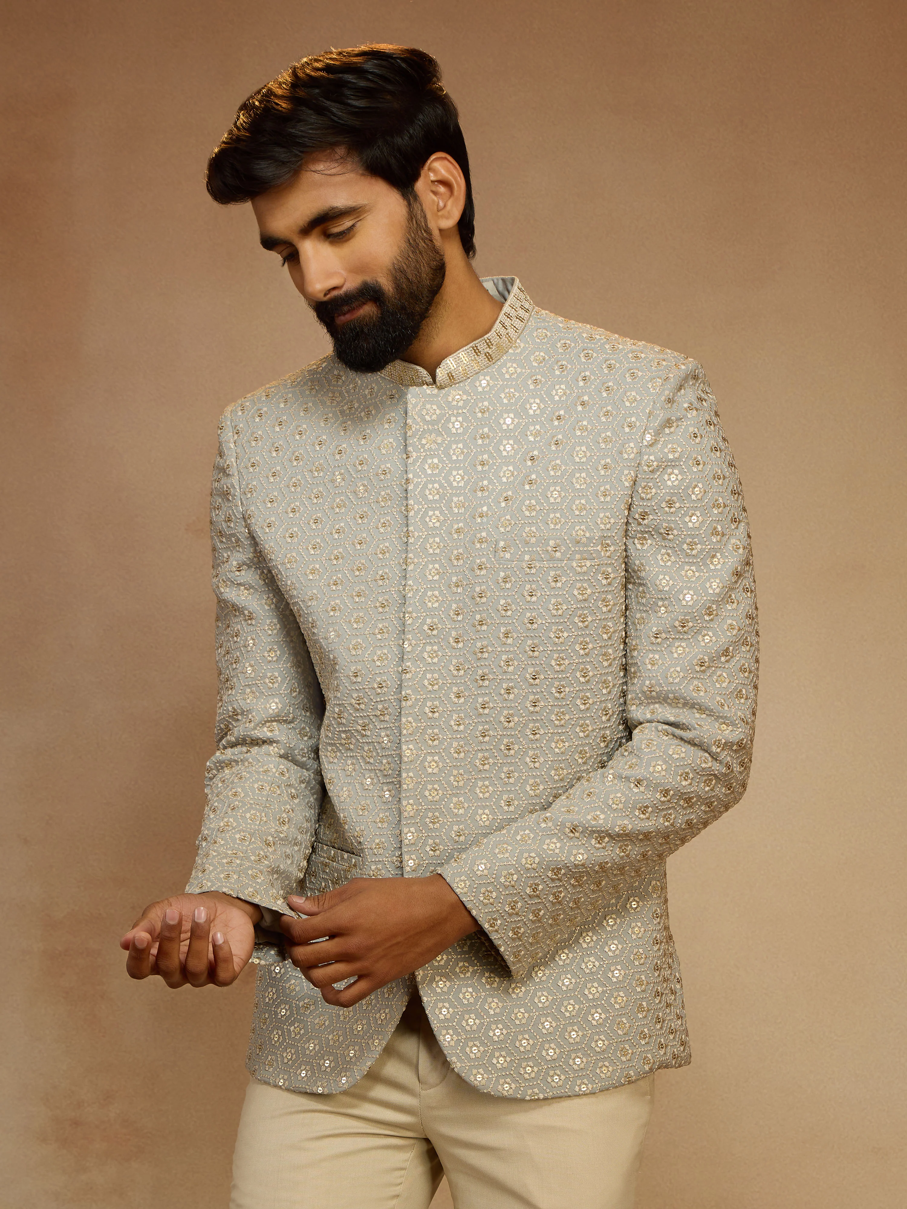 Men's Grey Sequin Embroidered Jodhpuri Jacket - Image 3