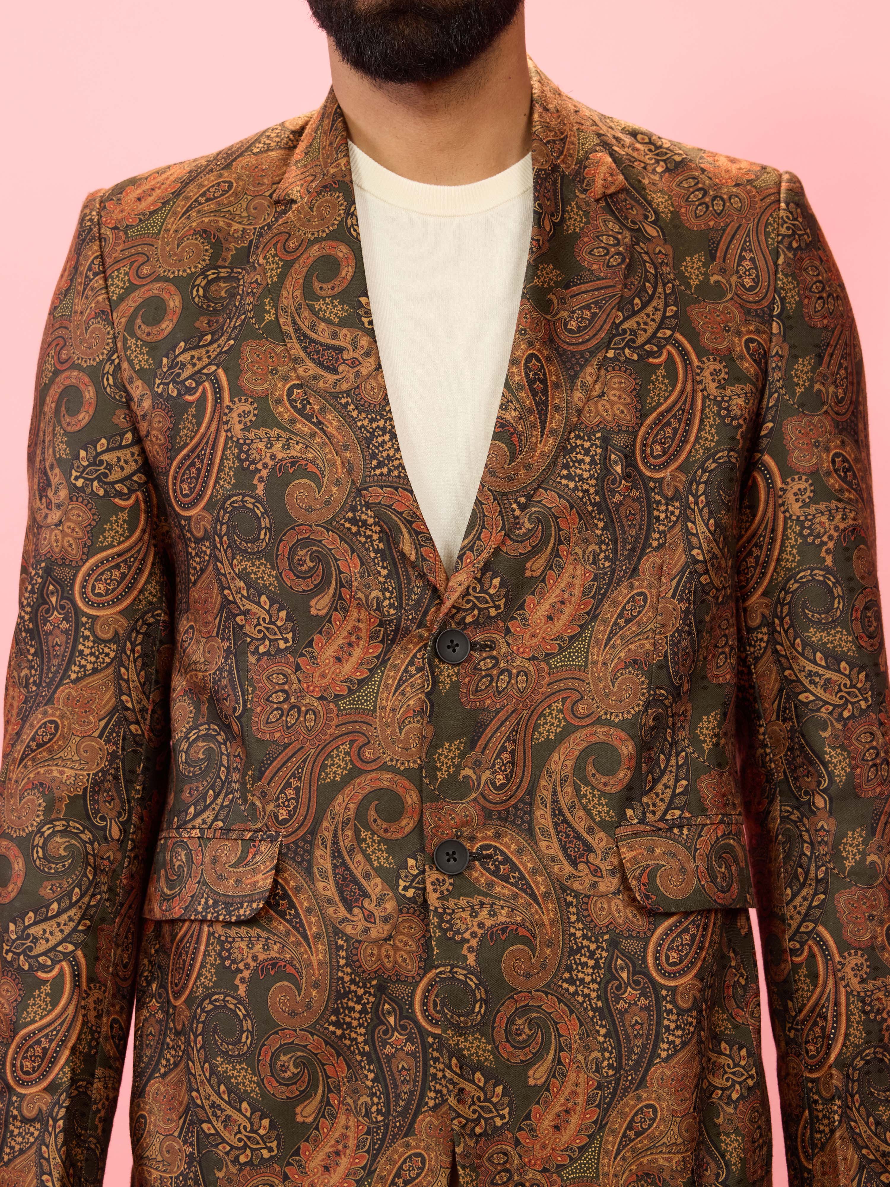 Men's Mehendi Green Cotton Blend Digital Paisley Print Blazer - Image 3