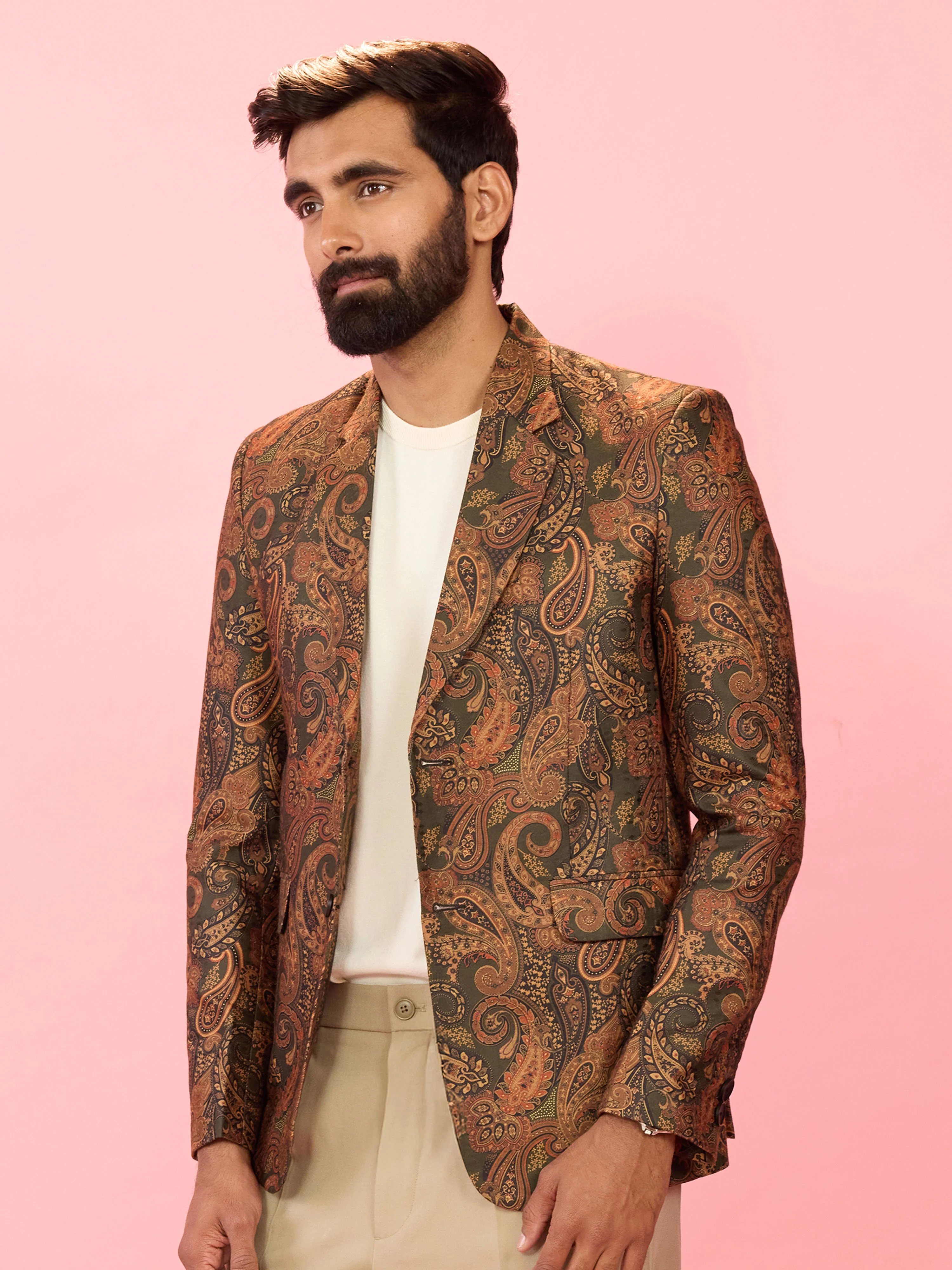 Men's Mehendi Green Cotton Blend Digital Paisley Print Blazer - Image 4