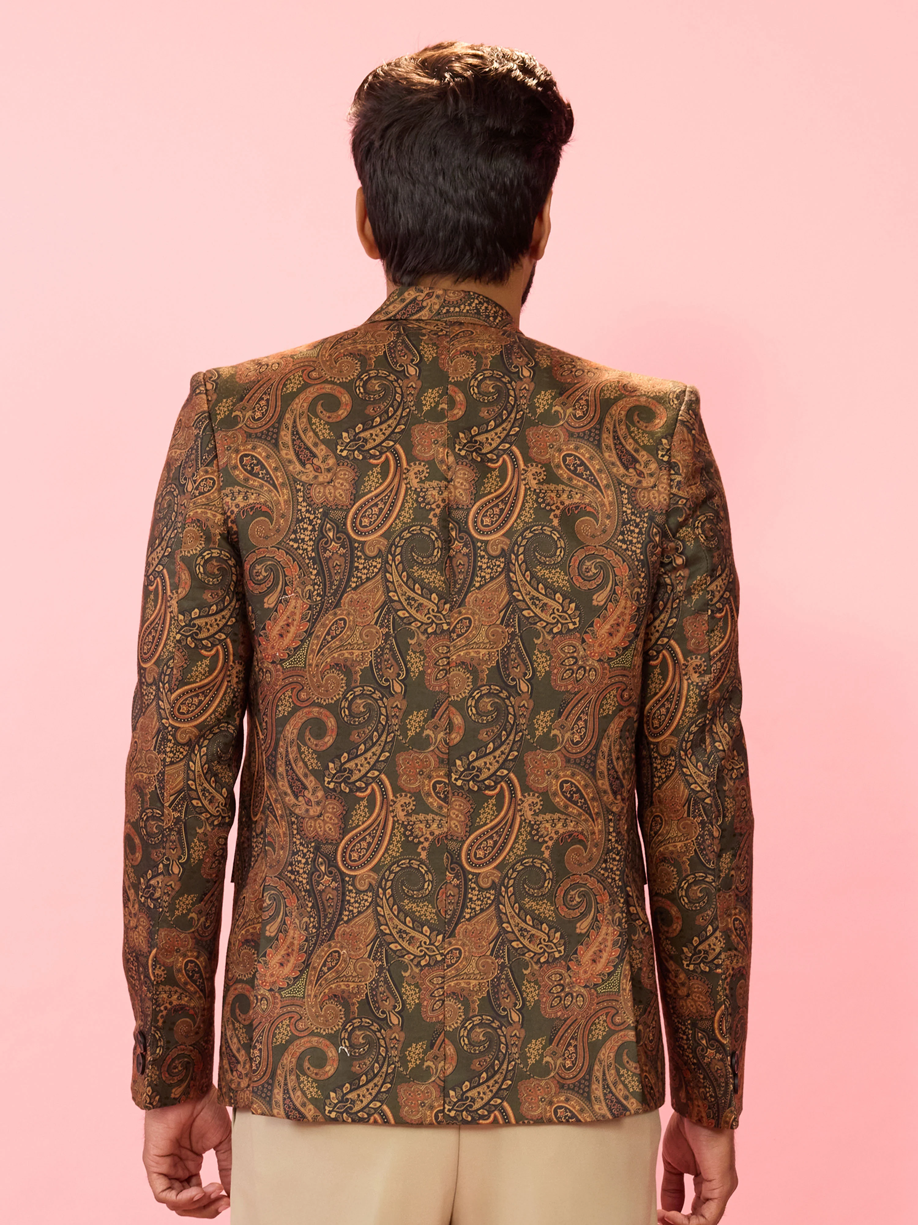 Men's Mehendi Green Cotton Blend Digital Paisley Print Blazer - Image 5