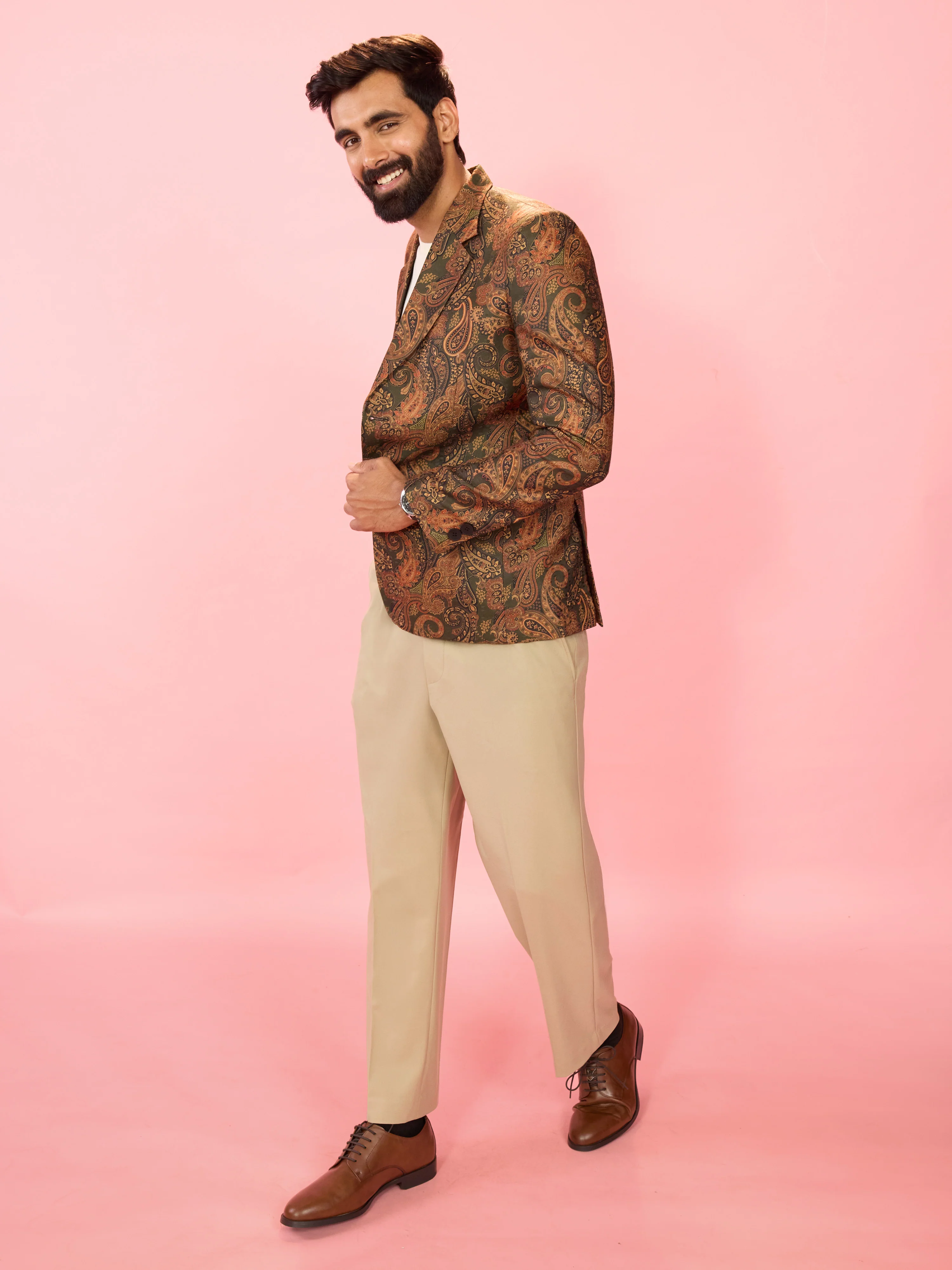 Men's Mehendi Green Cotton Blend Digital Paisley Print Blazer - Image 6