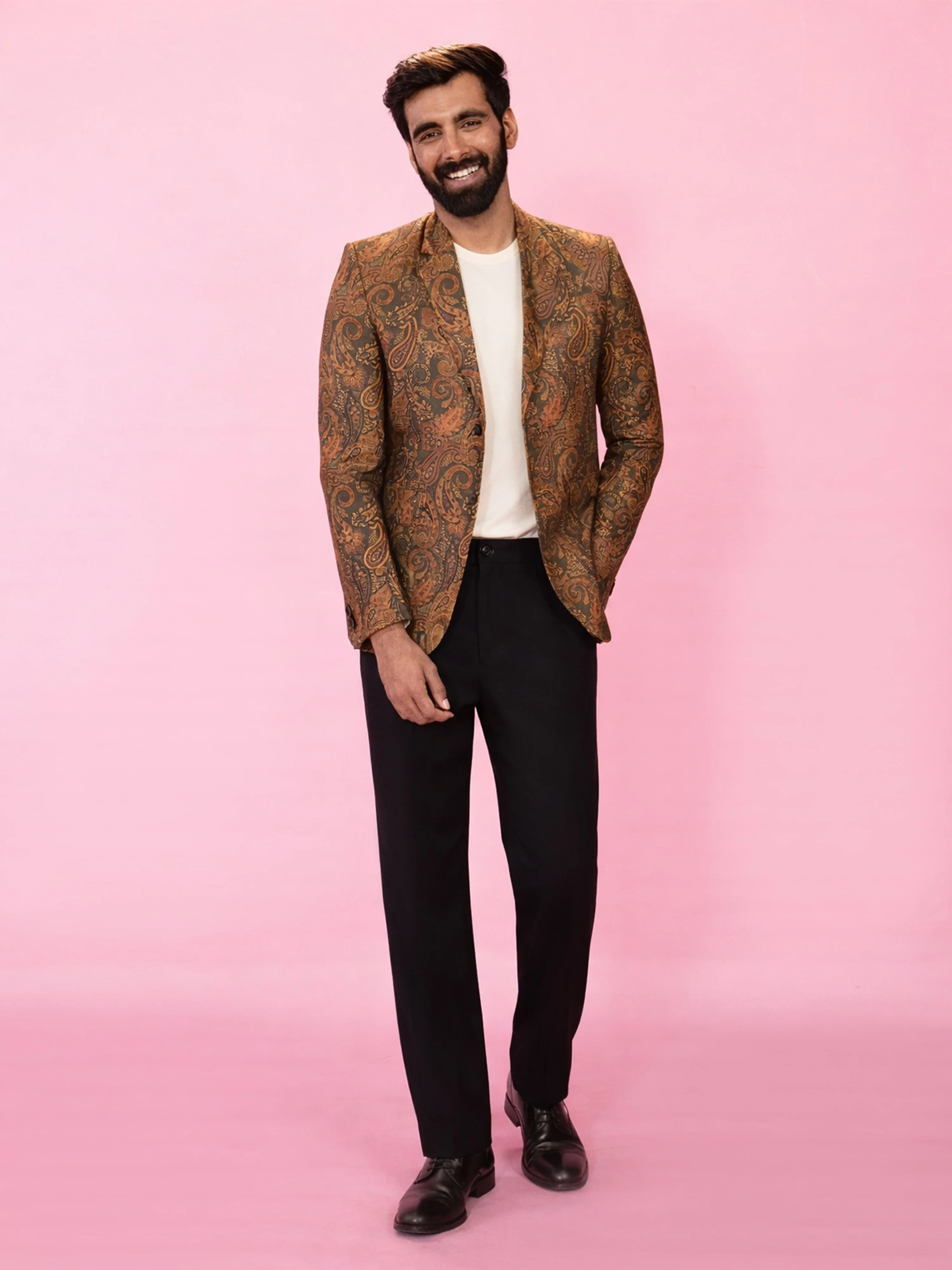 Men's Mehendi Green Cotton Digital Print Blazer with Black Straight Pant Set - Image 3