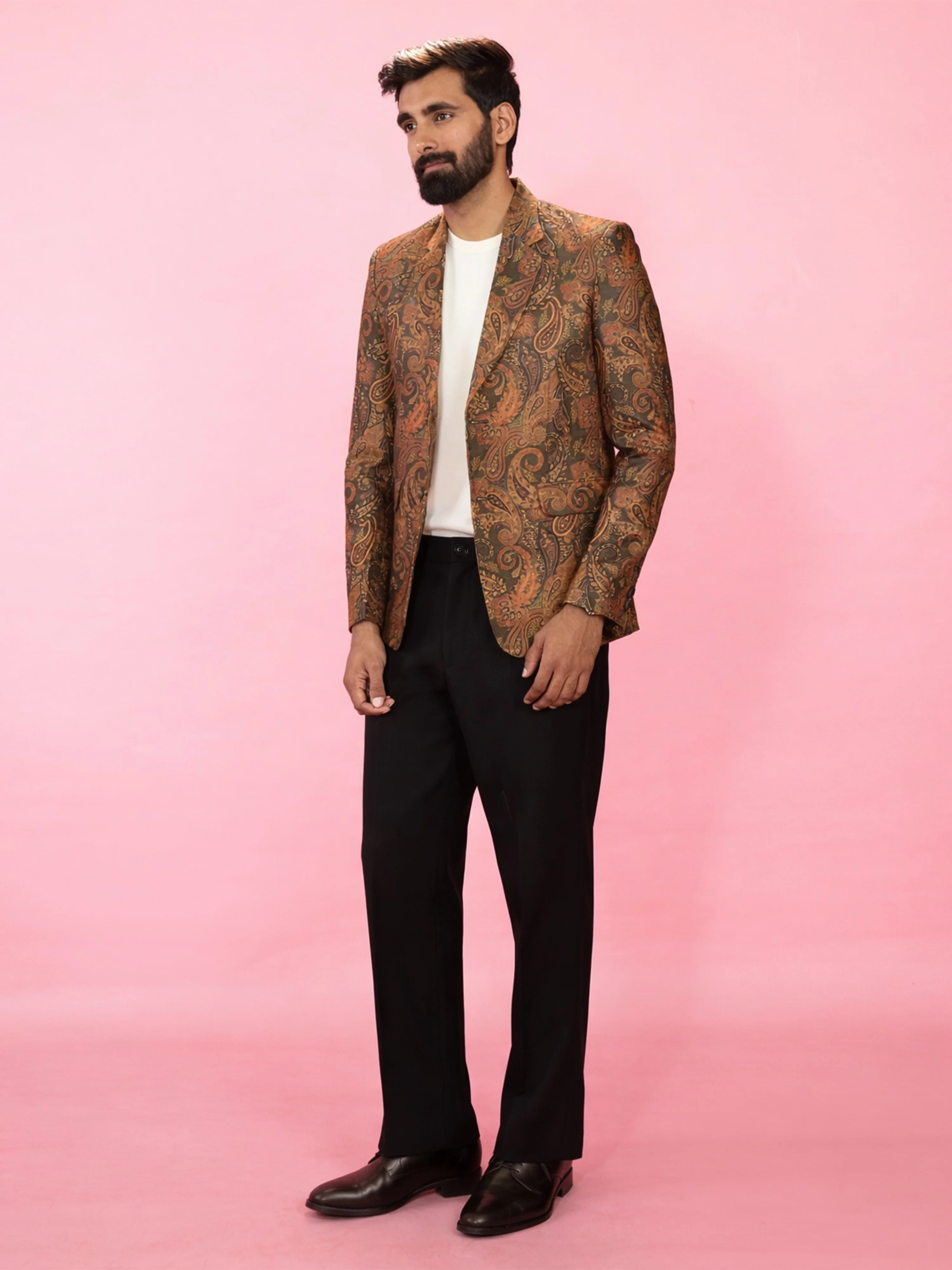 Men's Mehendi Green Cotton Digital Print Blazer with Black Straight Pant Set - Image 4