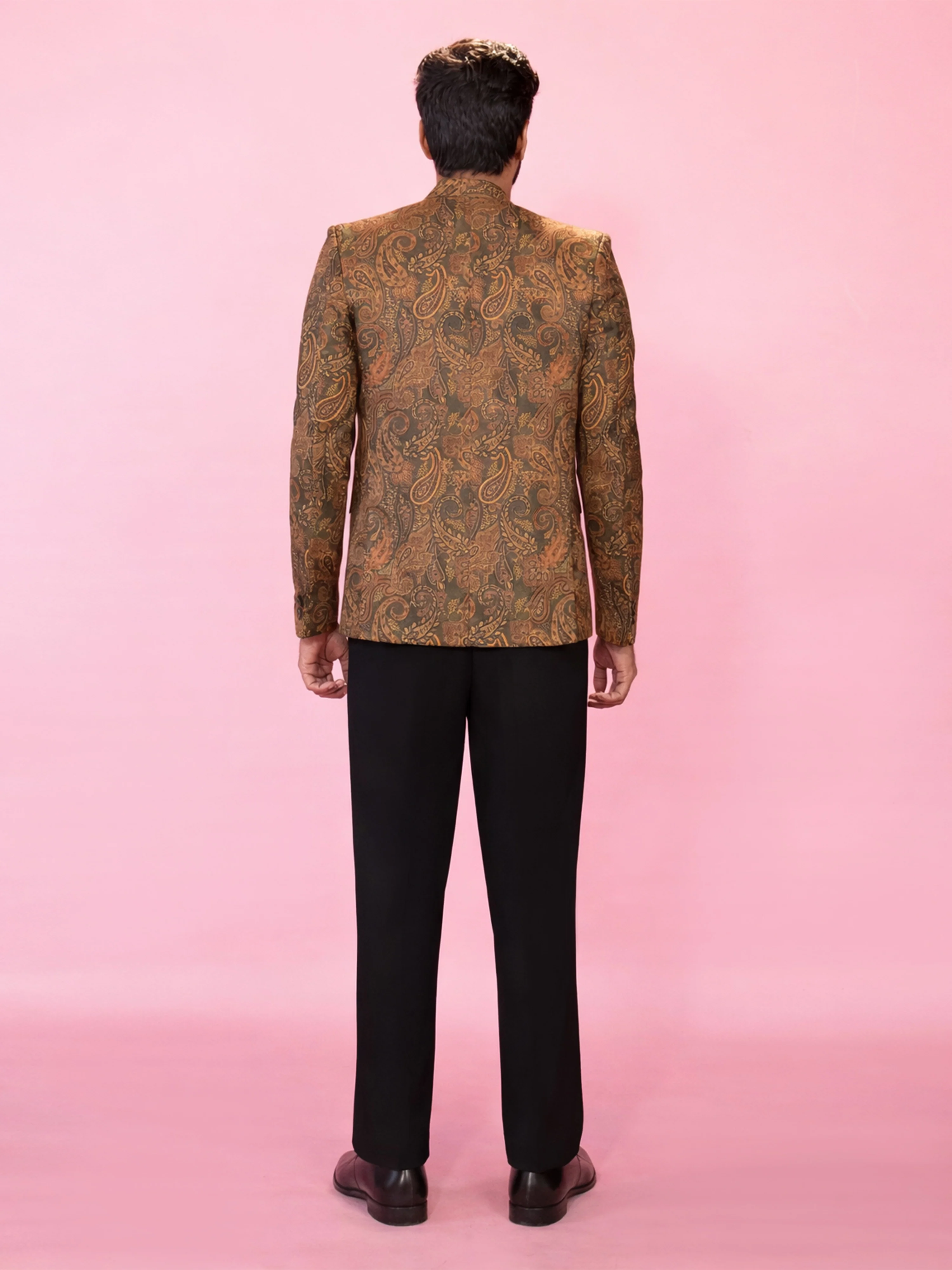 Men's Mehendi Green Cotton Digital Print Blazer with Black Straight Pant Set - Image 5
