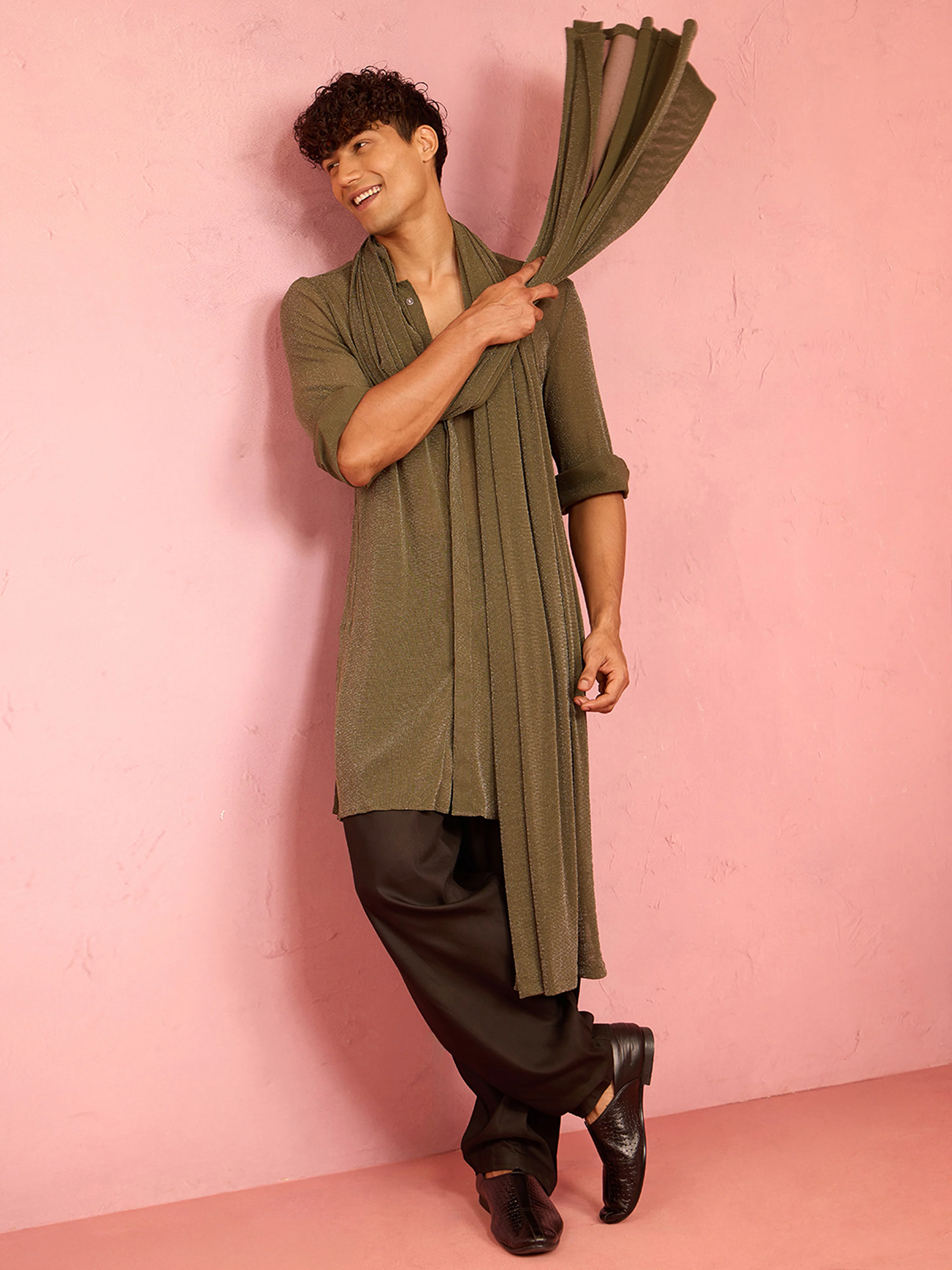 Men's Mehendi Green Solid Lycra Kurta with Black Patiyala & Mehendi Green Dupatta Set