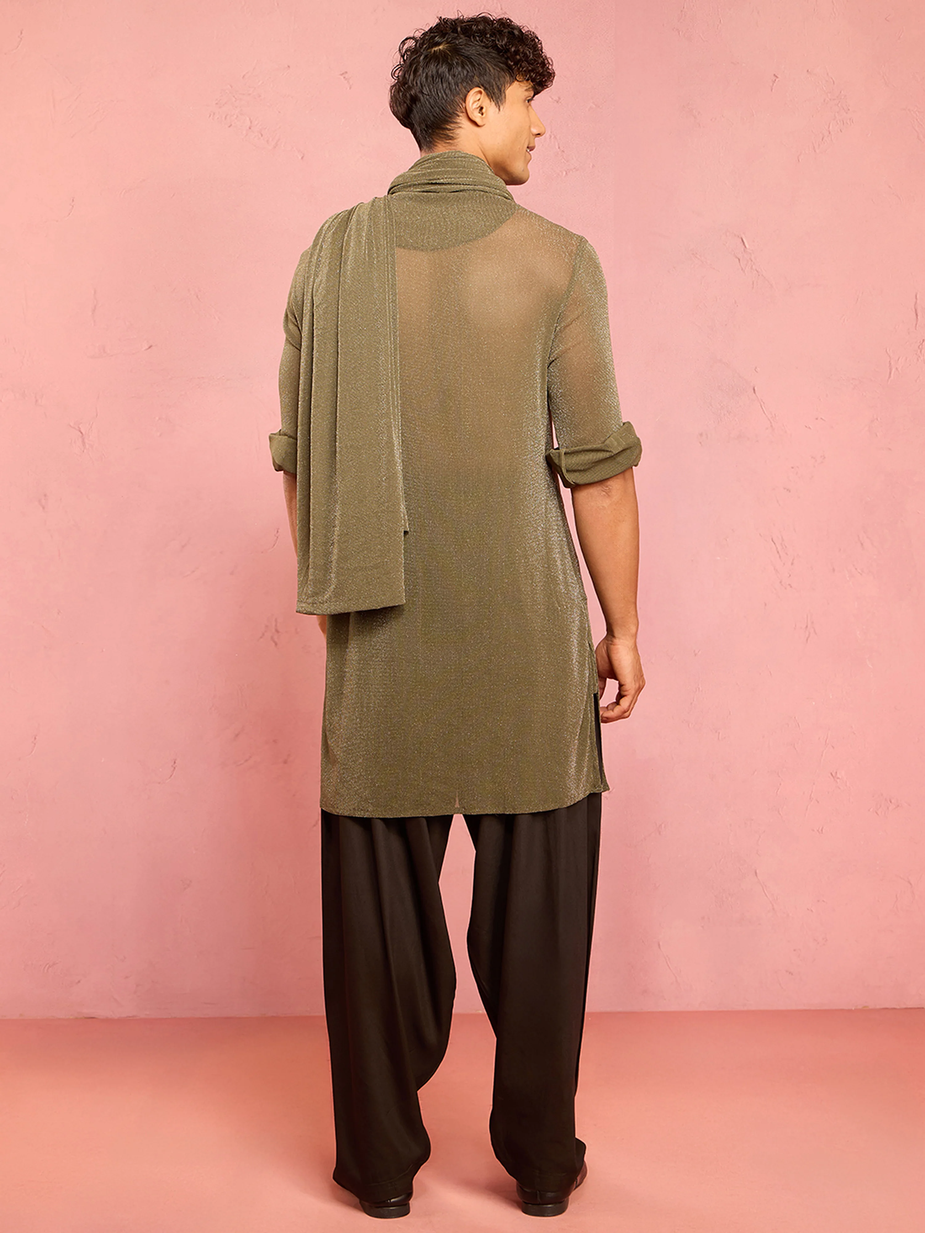 Men's Mehendi Green Solid Lycra Kurta with Black Patiyala & Mehendi Green Dupatta Set - Image 4