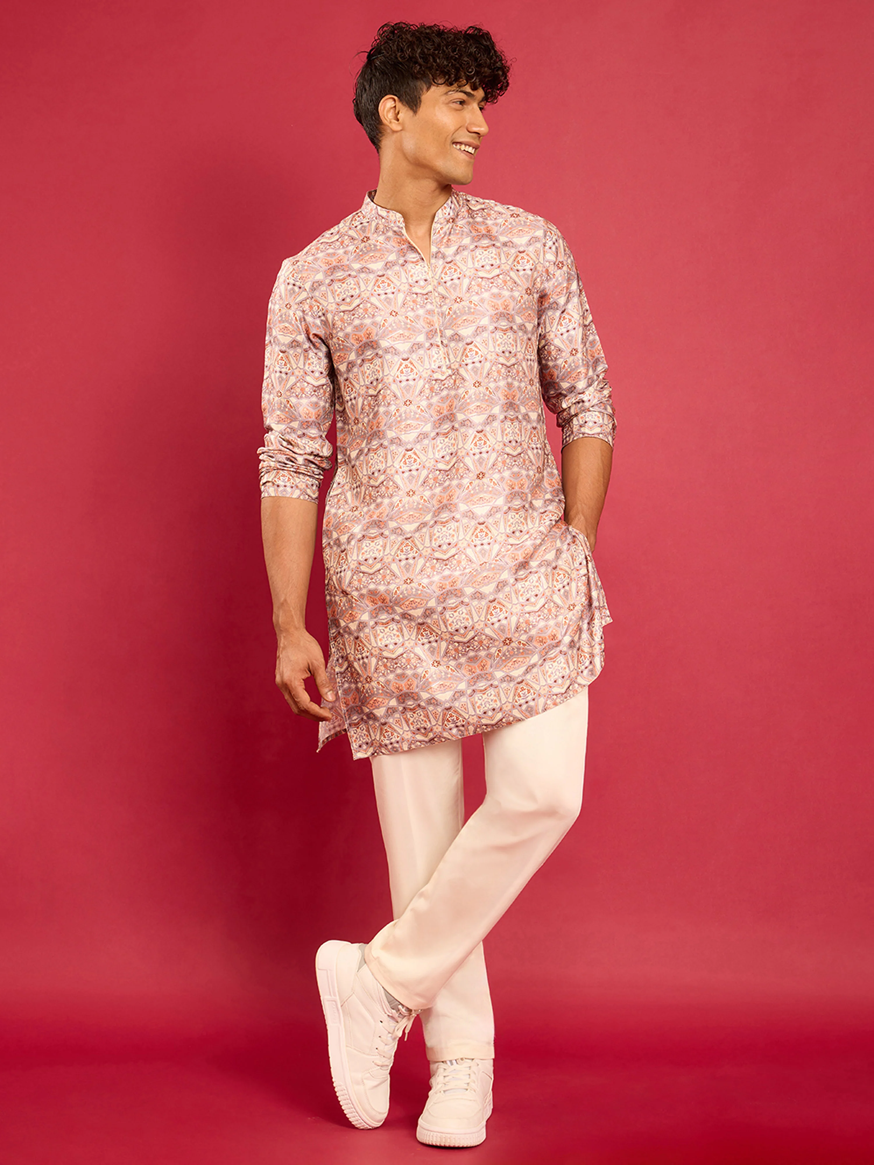 Men's Multicolour Silk Blend Foil Print Kurta with Cream Pant Style Pyjama Set