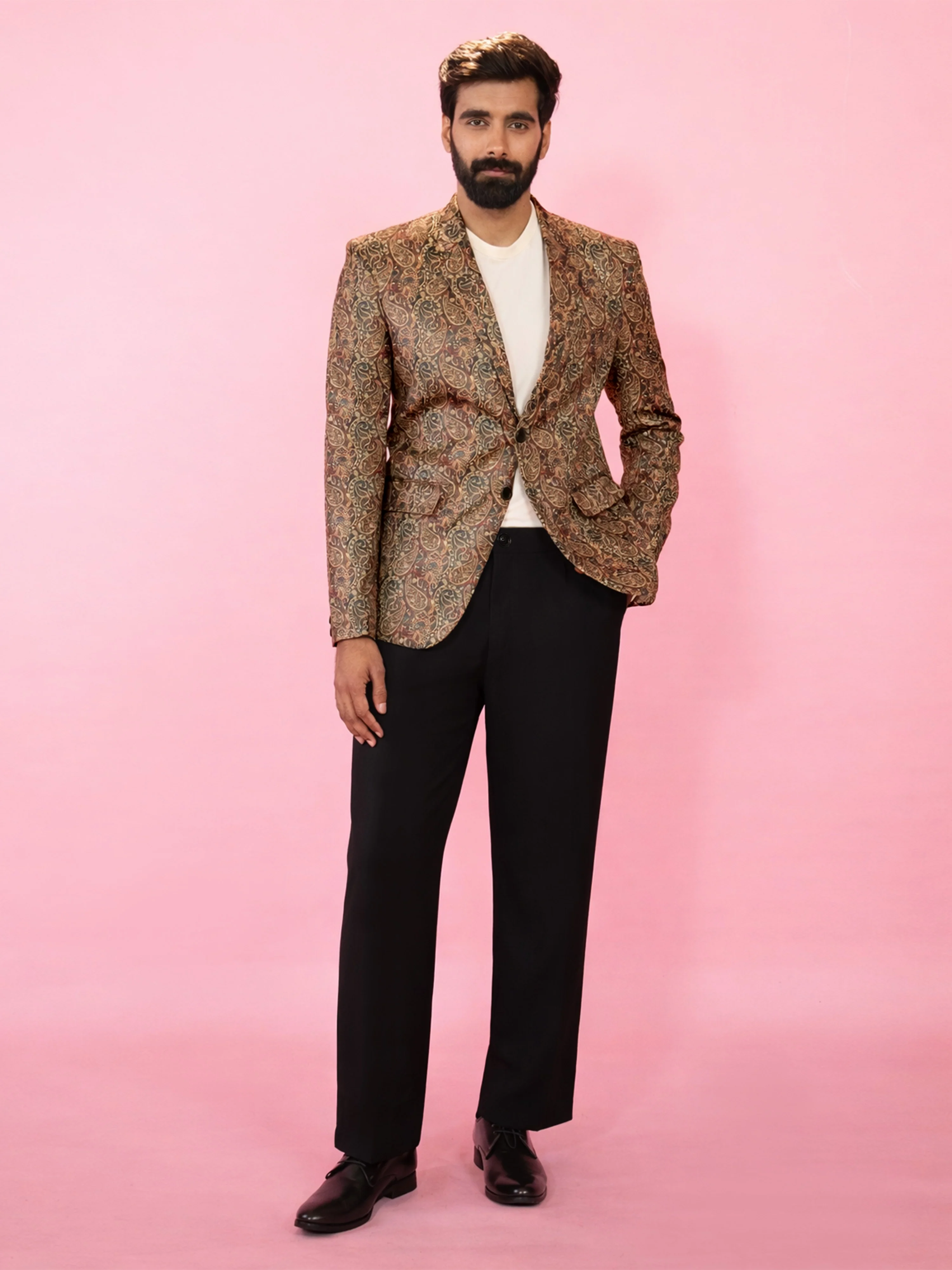 Men's MultiColour Velvet Digital Print Blazer with Black Straight Pant Set - Image 3