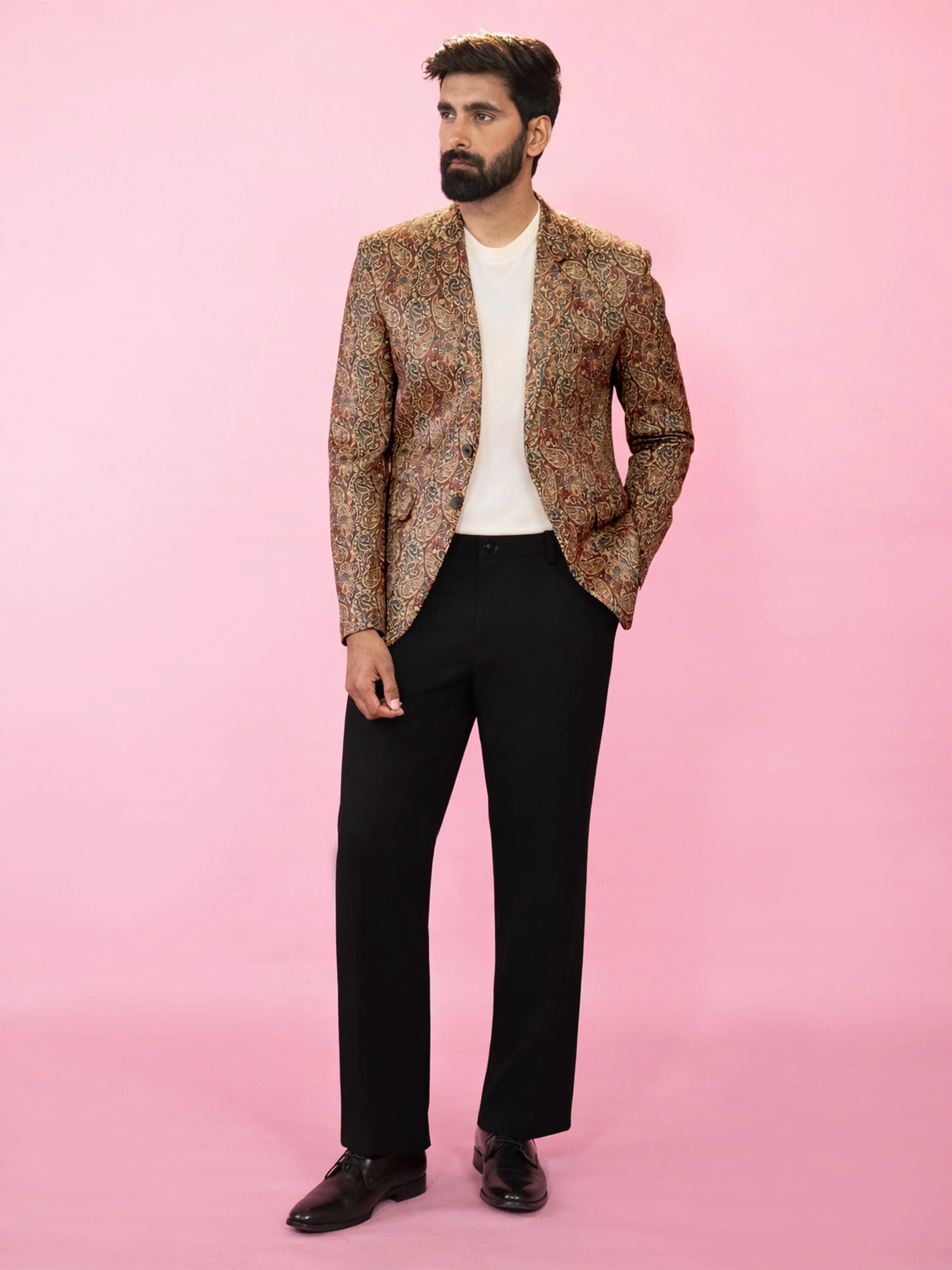 Men's MultiColour Velvet Digital Print Blazer with Black Straight Pant Set - Image 4