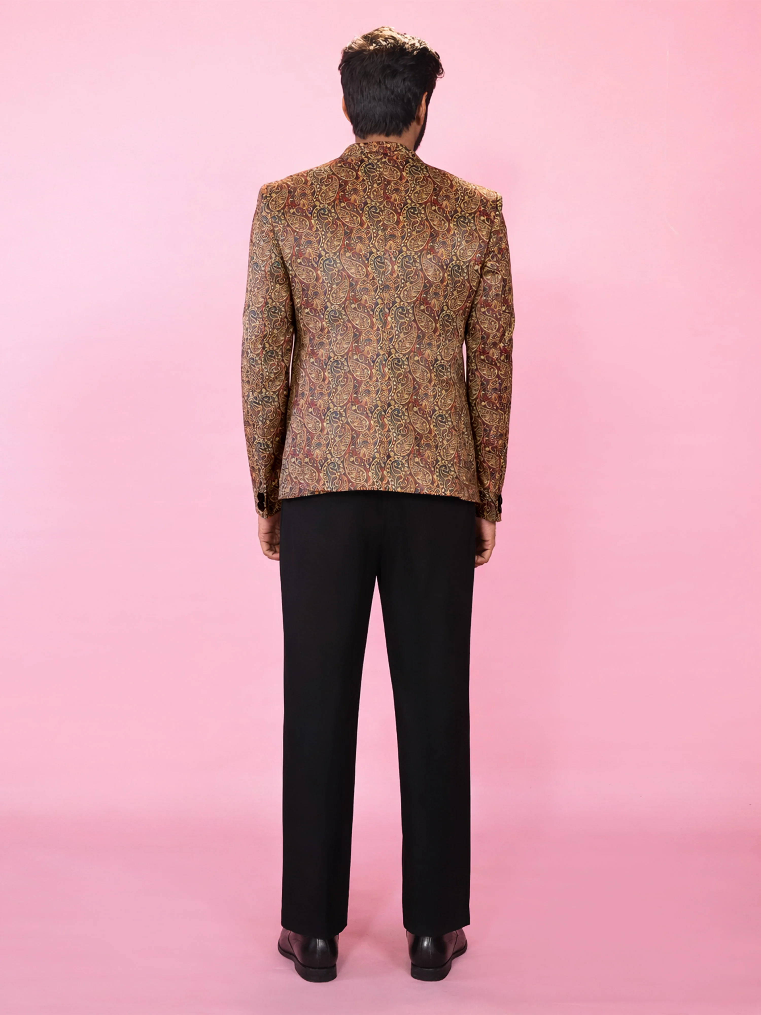 Men's MultiColour Velvet Digital Print Blazer with Black Straight Pant Set - Image 5