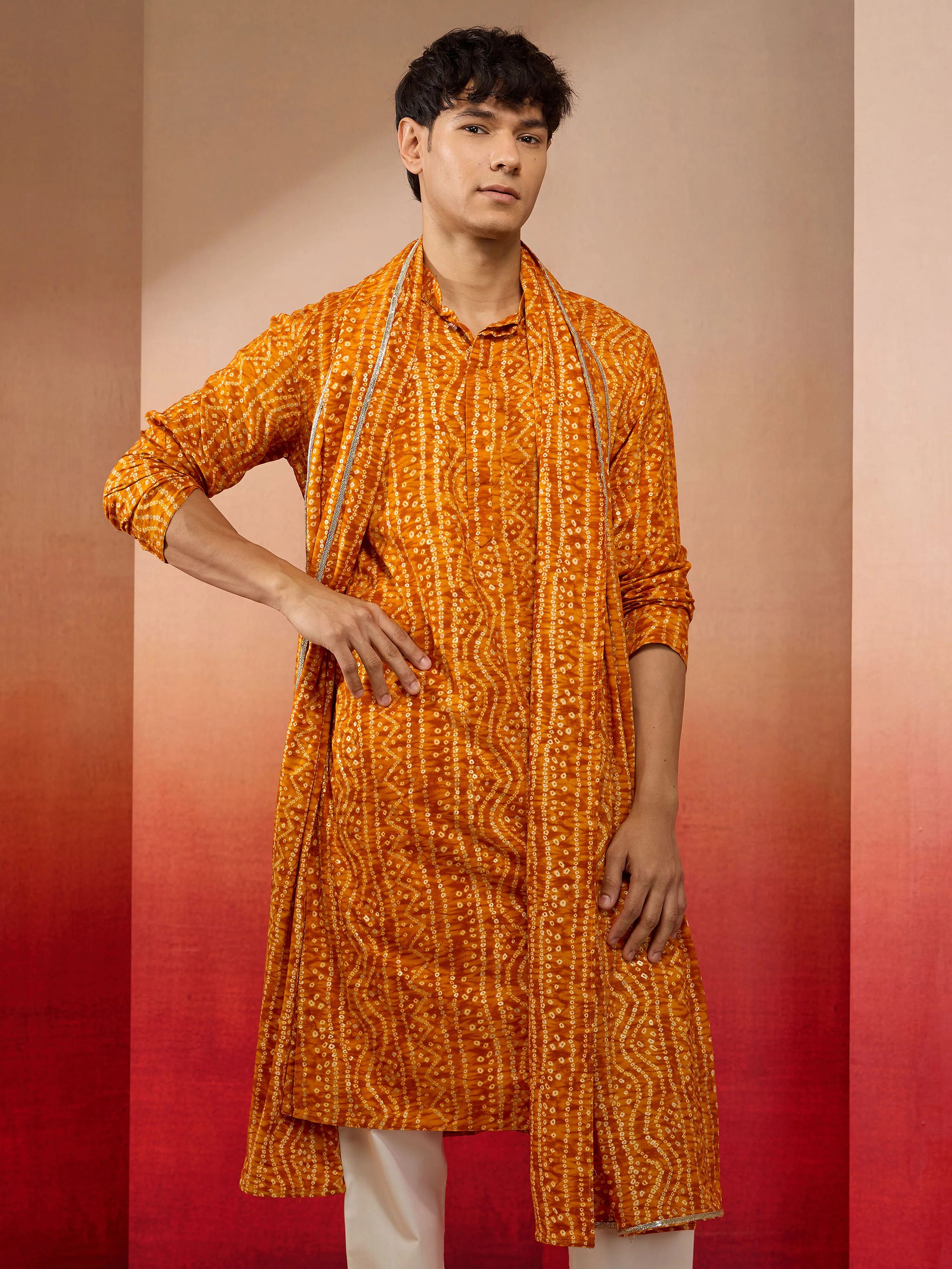 Men's Mustard Bandhani Print Kurta with Matching Mustard Rayon Dupatta Set - Image 4