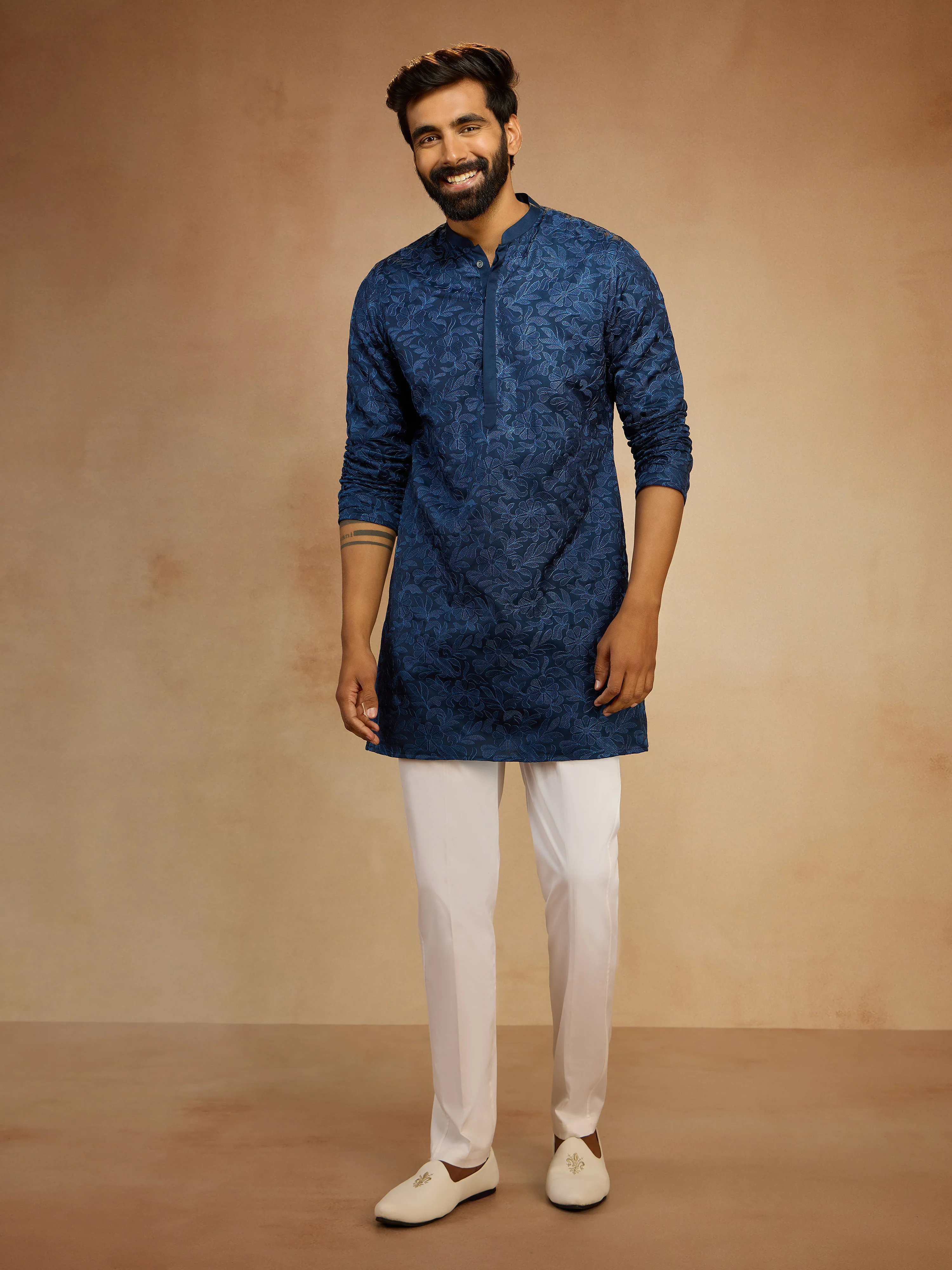 Men's Navy Blue Floral Embroidered Silk Blend Thigh-Length Kurta with White Cotton Lycra Pant Set - Image 3