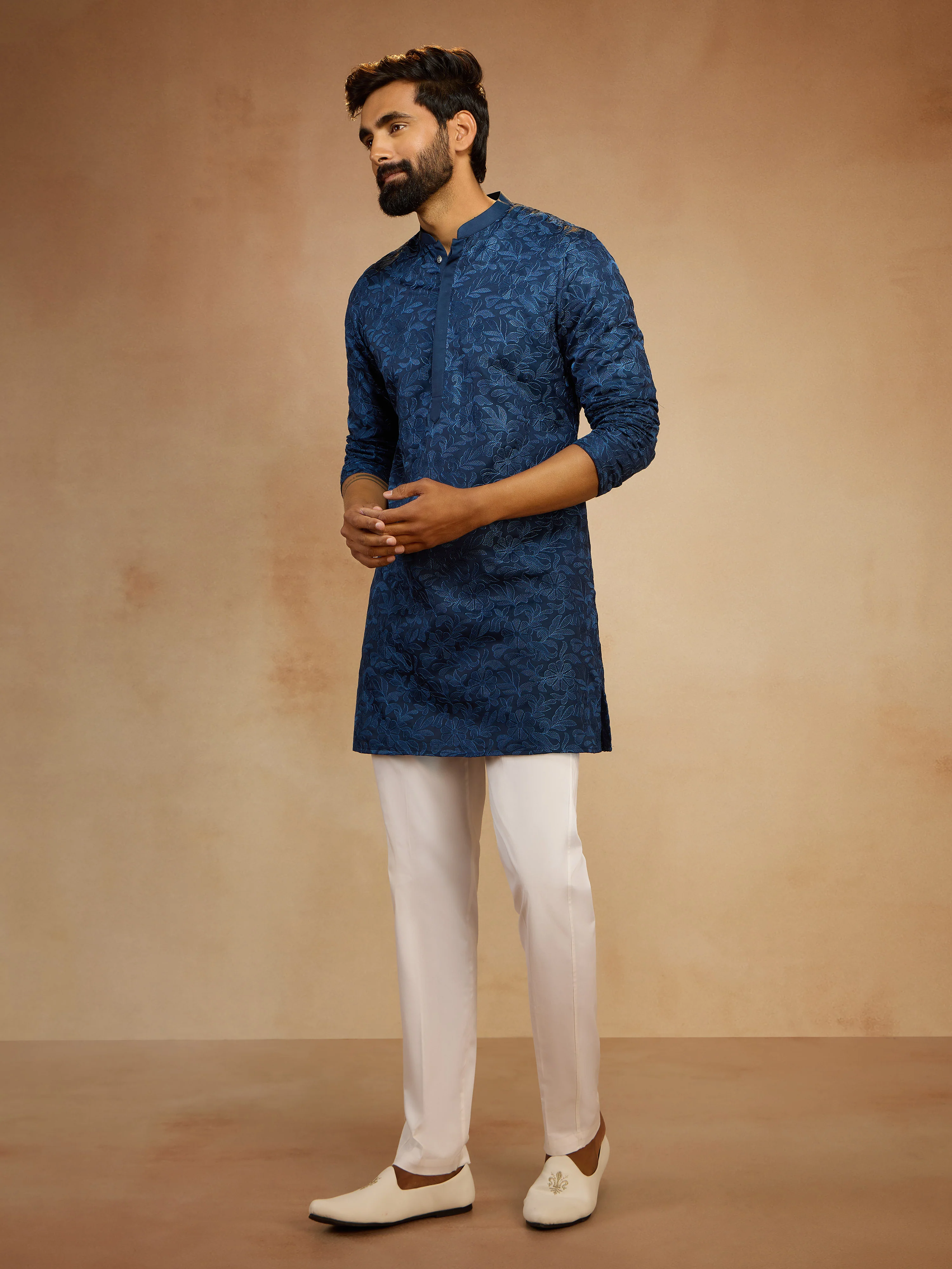 Men's Navy Blue Floral Embroidered Silk Blend Thigh-Length Kurta with White Cotton Lycra Pant Set - Image 4