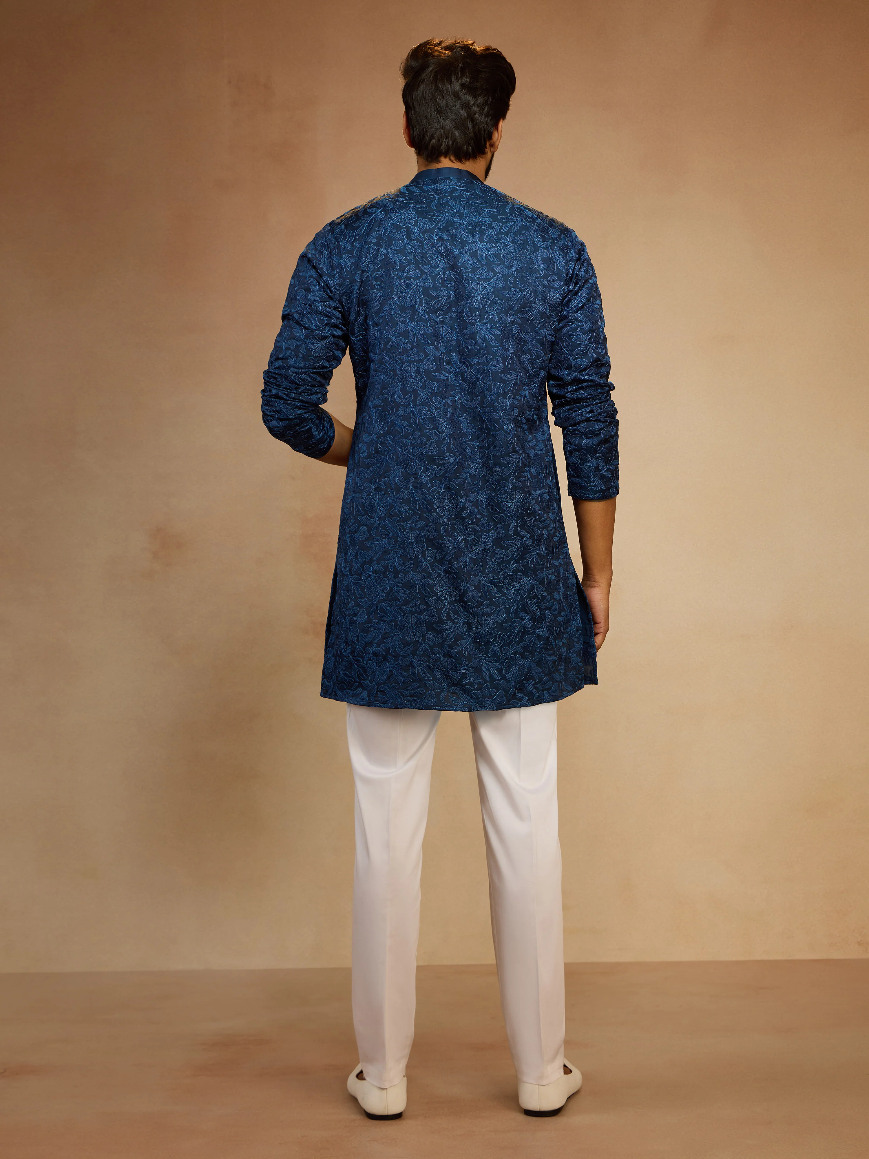 Men's Navy Blue Floral Embroidered Silk Blend Thigh-Length Kurta with White Cotton Lycra Pant Set - Image 5