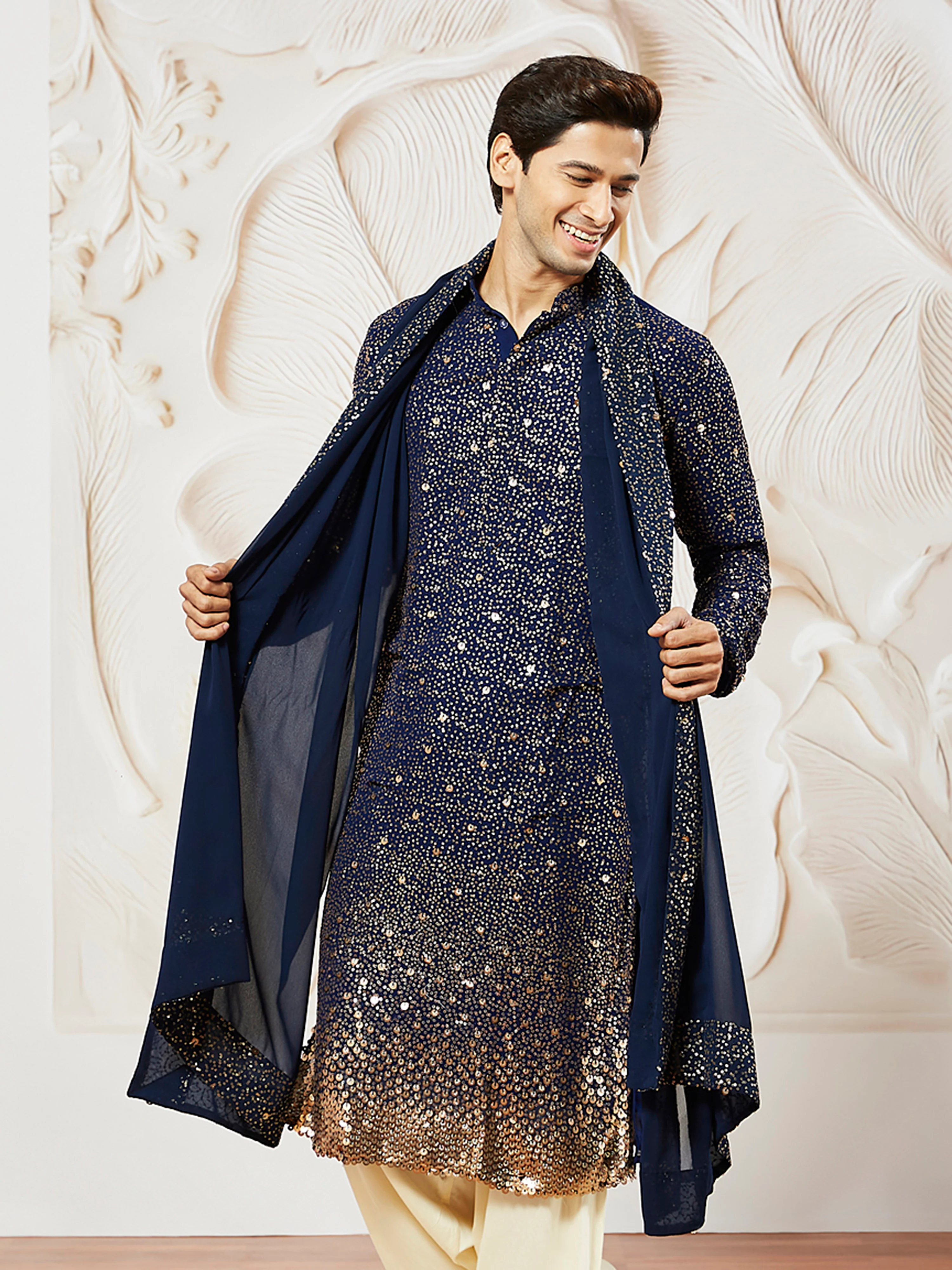 Men's Navy Blue Ombre Sequin Georgette Kurta with Solid Dupatta Set