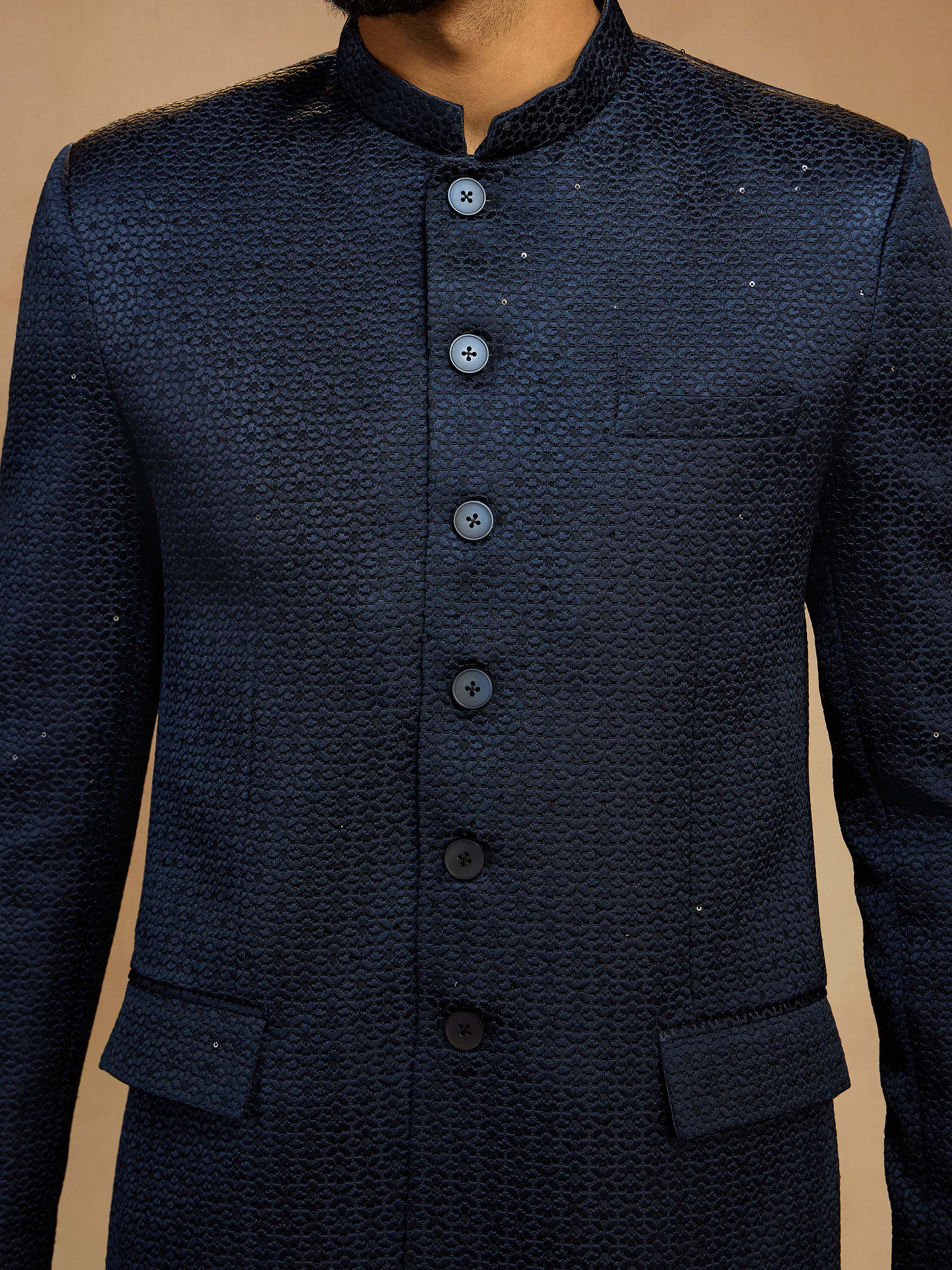 Men's Navy Blue Self-Texture Sequin Embroidery Jodhpuri - Image 2