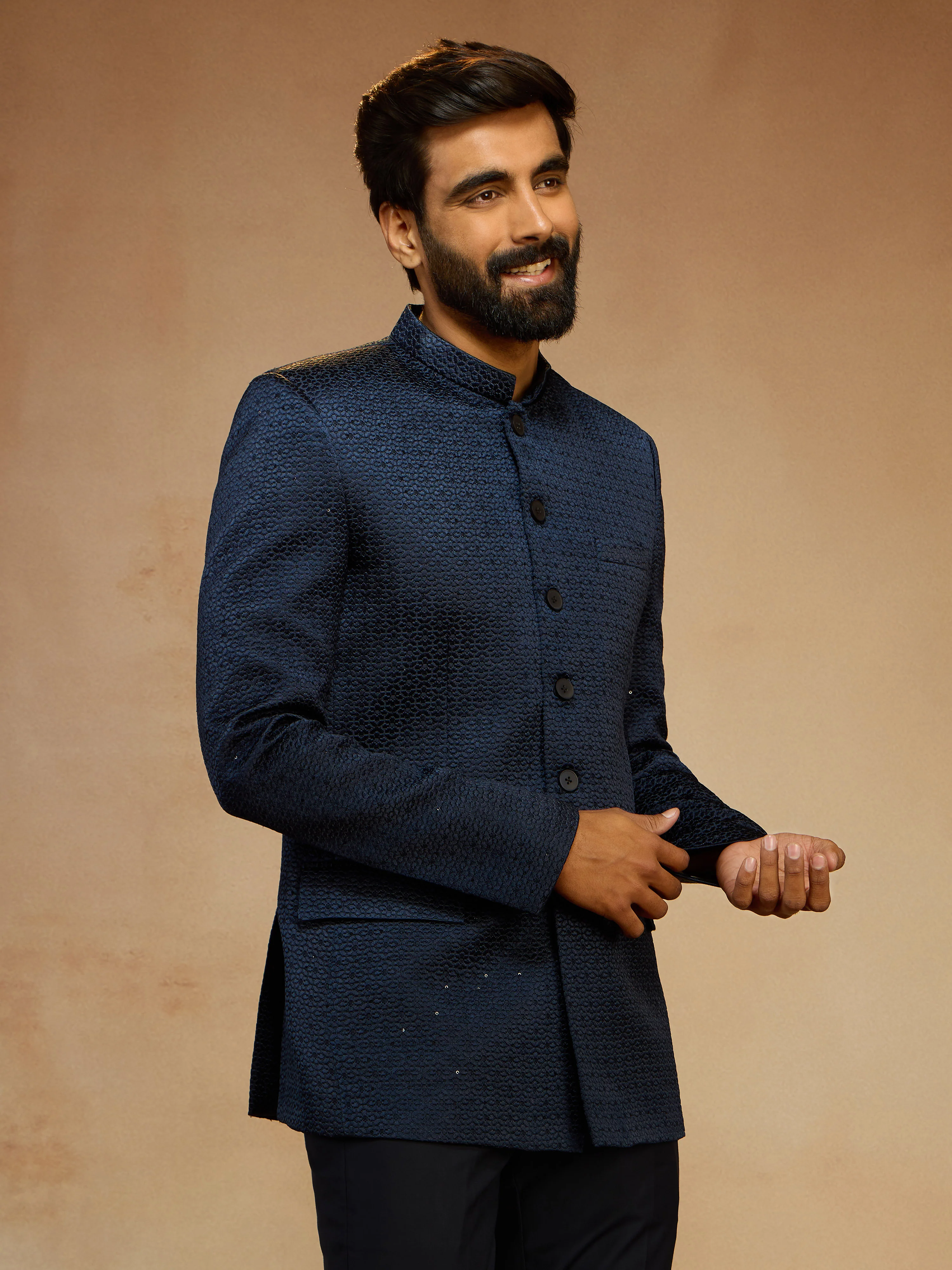 Men's Navy Blue Self-Texture Sequin Embroidery Jodhpuri - Image 3
