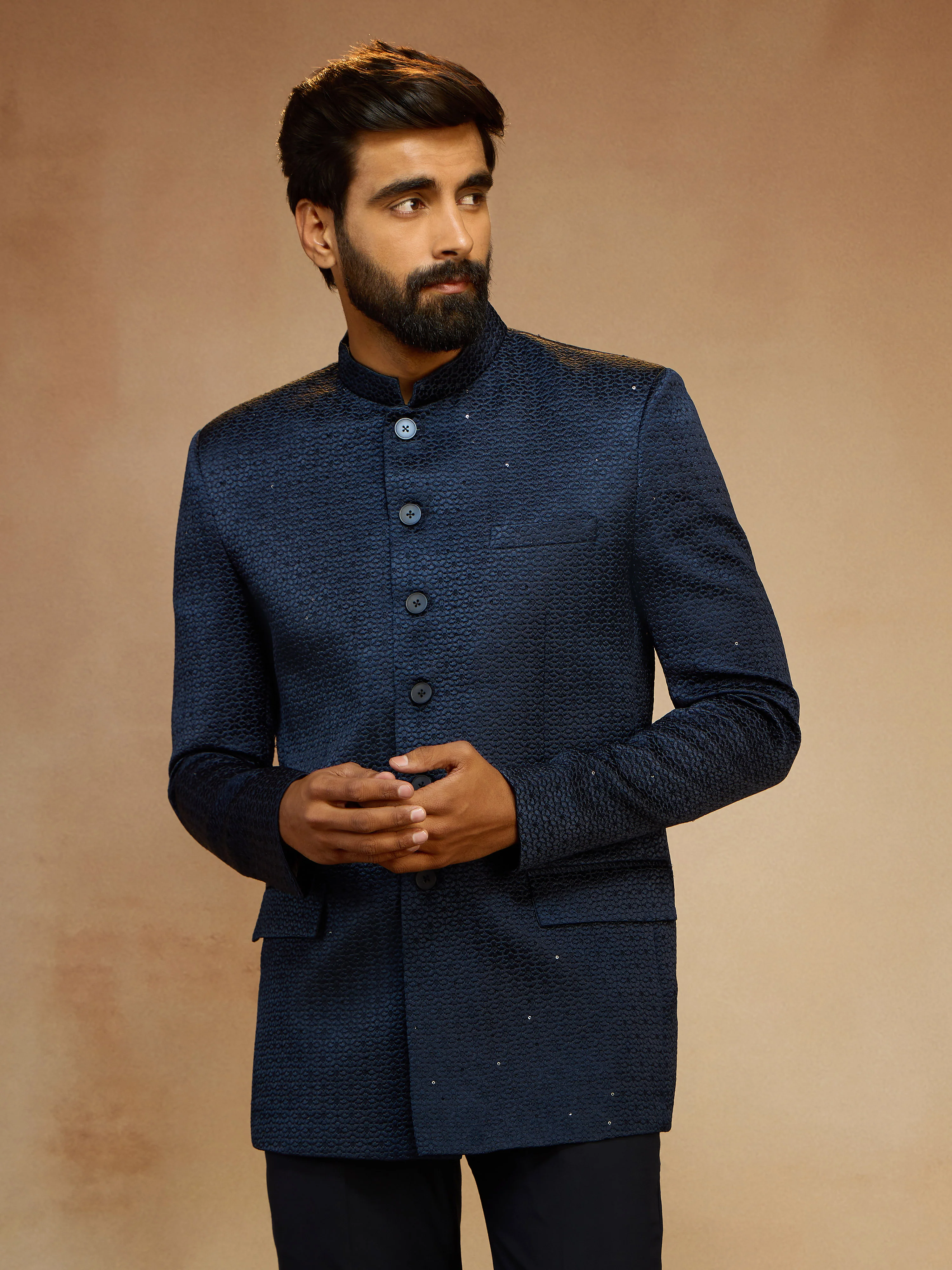 Men's Navy Blue Self-Texture Sequin Embroidery Jodhpuri - Image 4