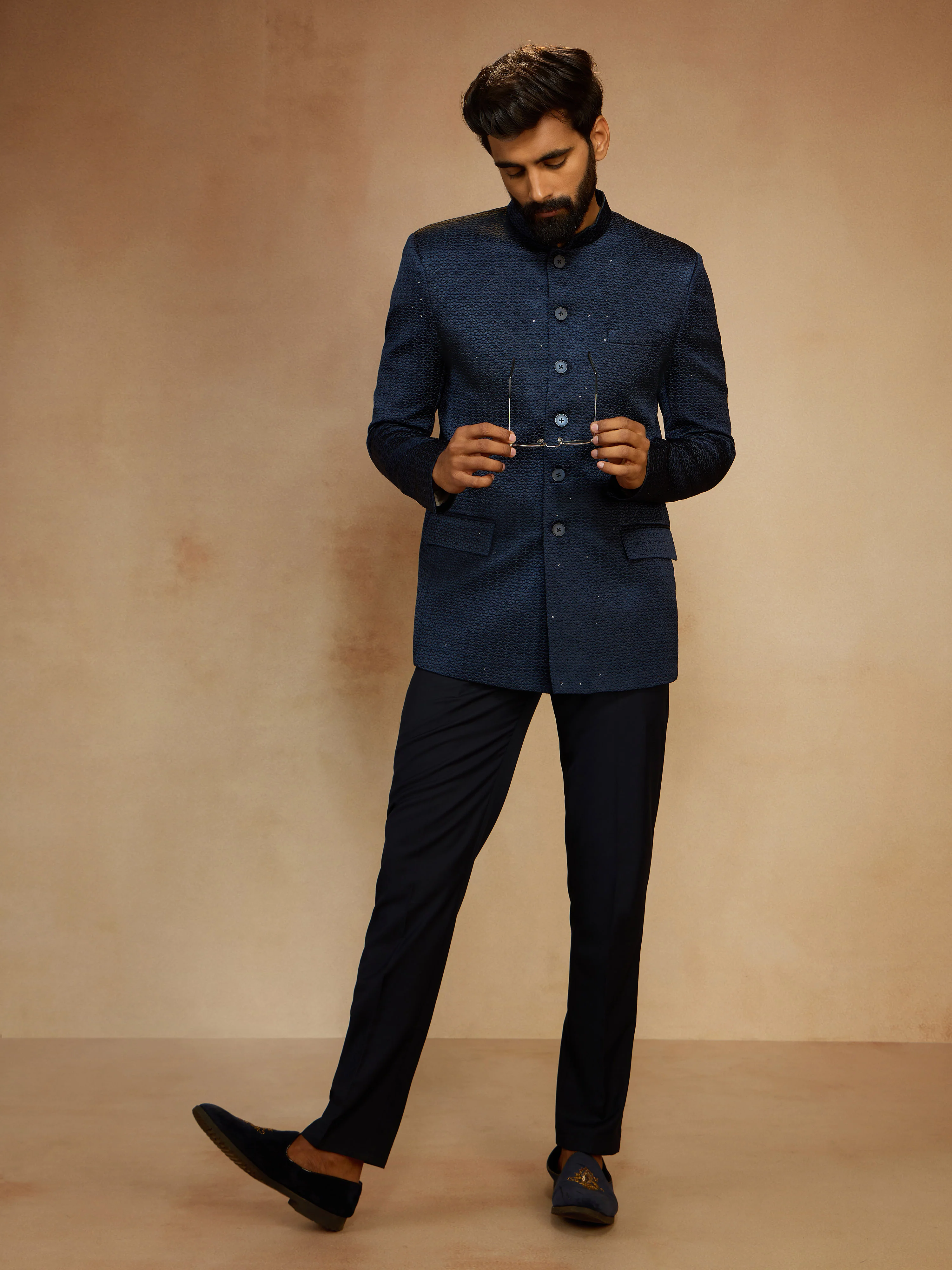 Men's Navy Blue Self-Texture Sequin Embroidery Jodhpuri - Image 6