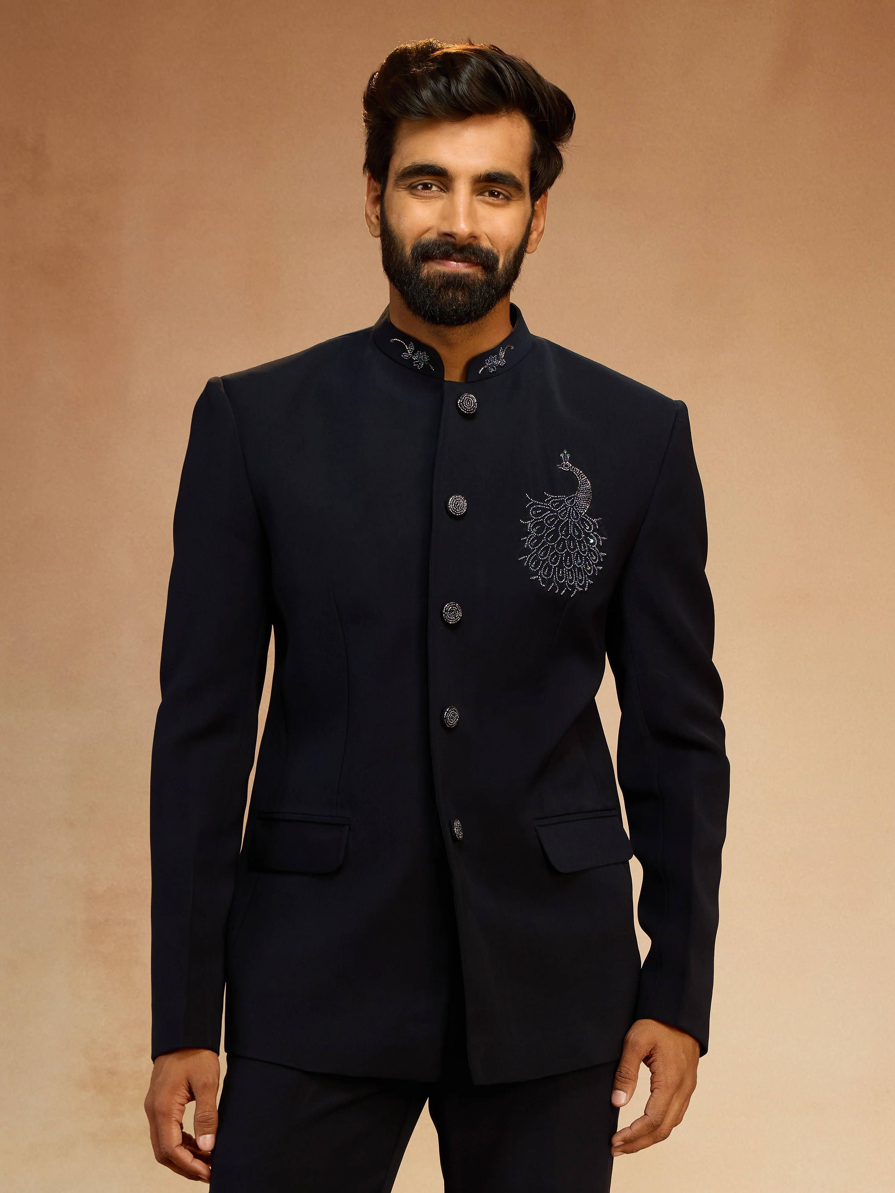Men's Navy Blue Sequin & Bead Embroidered Animal Floral Full Sleeve Jodhpuri - Image 3