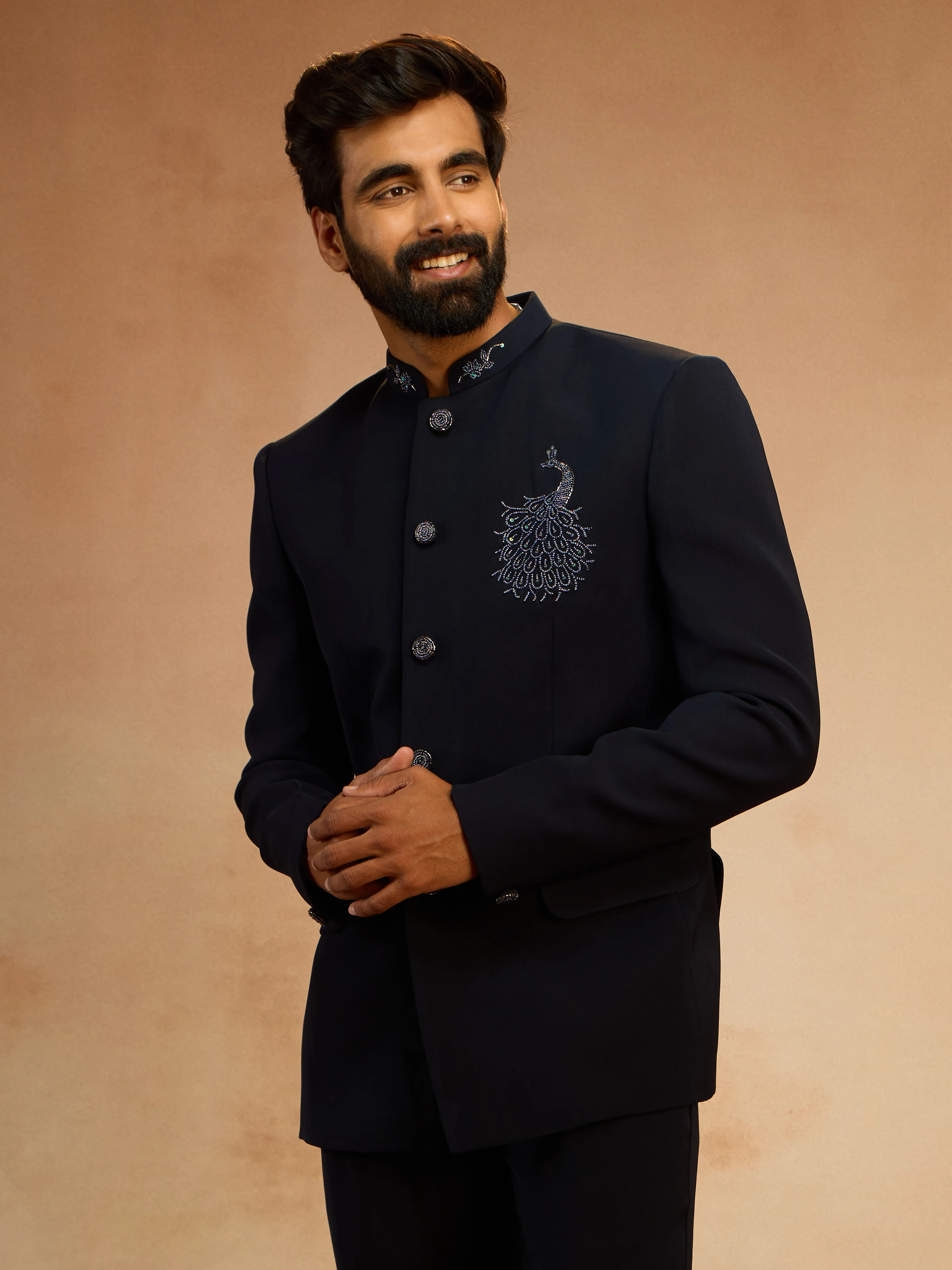 Men's Navy Blue Sequin & Bead Embroidered Animal Floral Full Sleeve Jodhpuri - Image 4