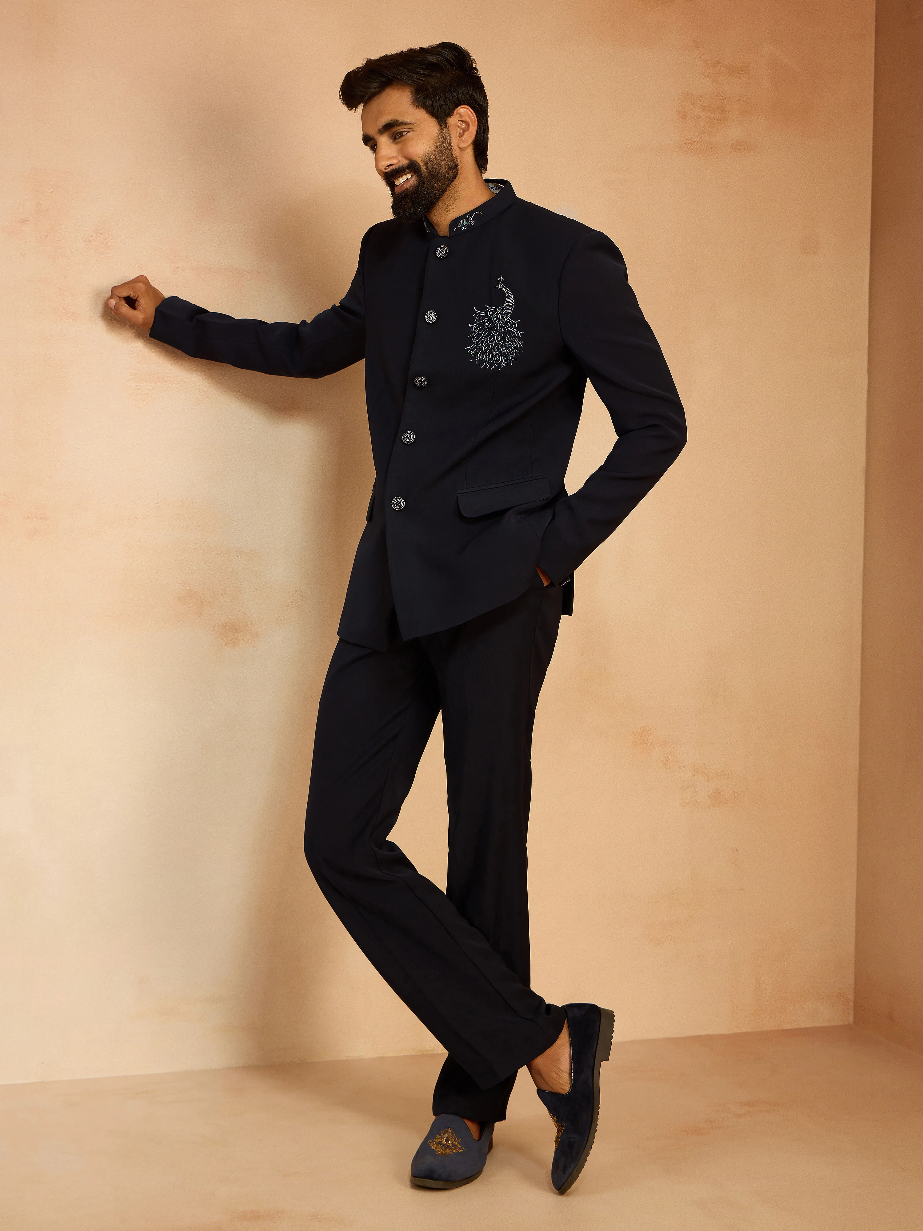 Men's Navy Blue Sequin & Bead Embroidered Animal Floral Full Sleeve Jodhpuri - Image 6