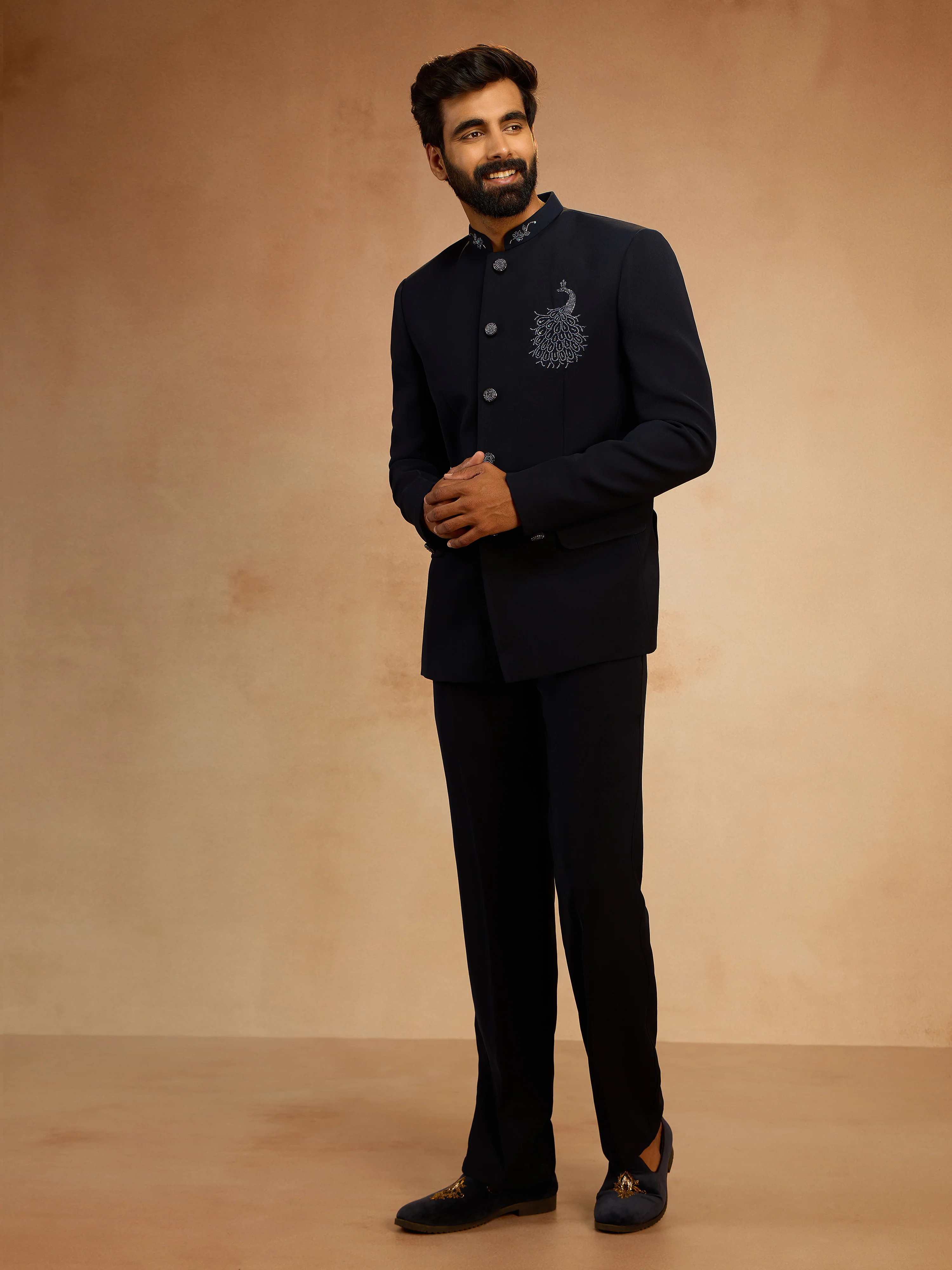 Men's Navy Blue Sequin & Bead Embroidered Jodhpuri with Straight Pant Set - Image 3