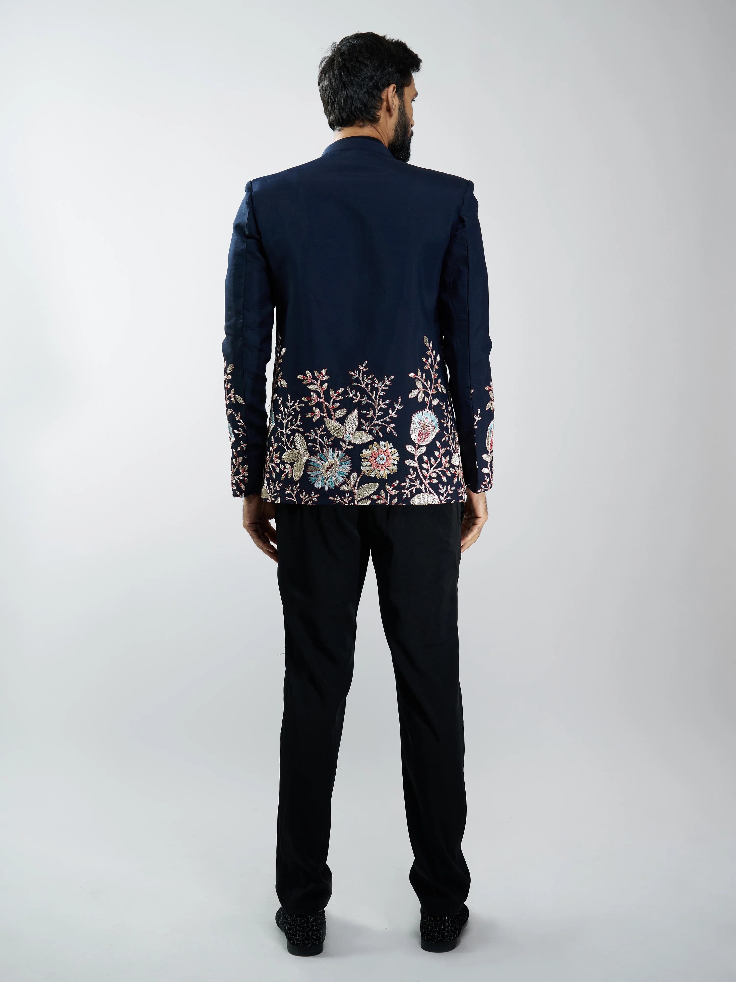 Men's Navy Blue Silk Blend Floral Zari & Thread Embroidered Jodhpuri with Black Imported Suiting Pant Set - Image 5