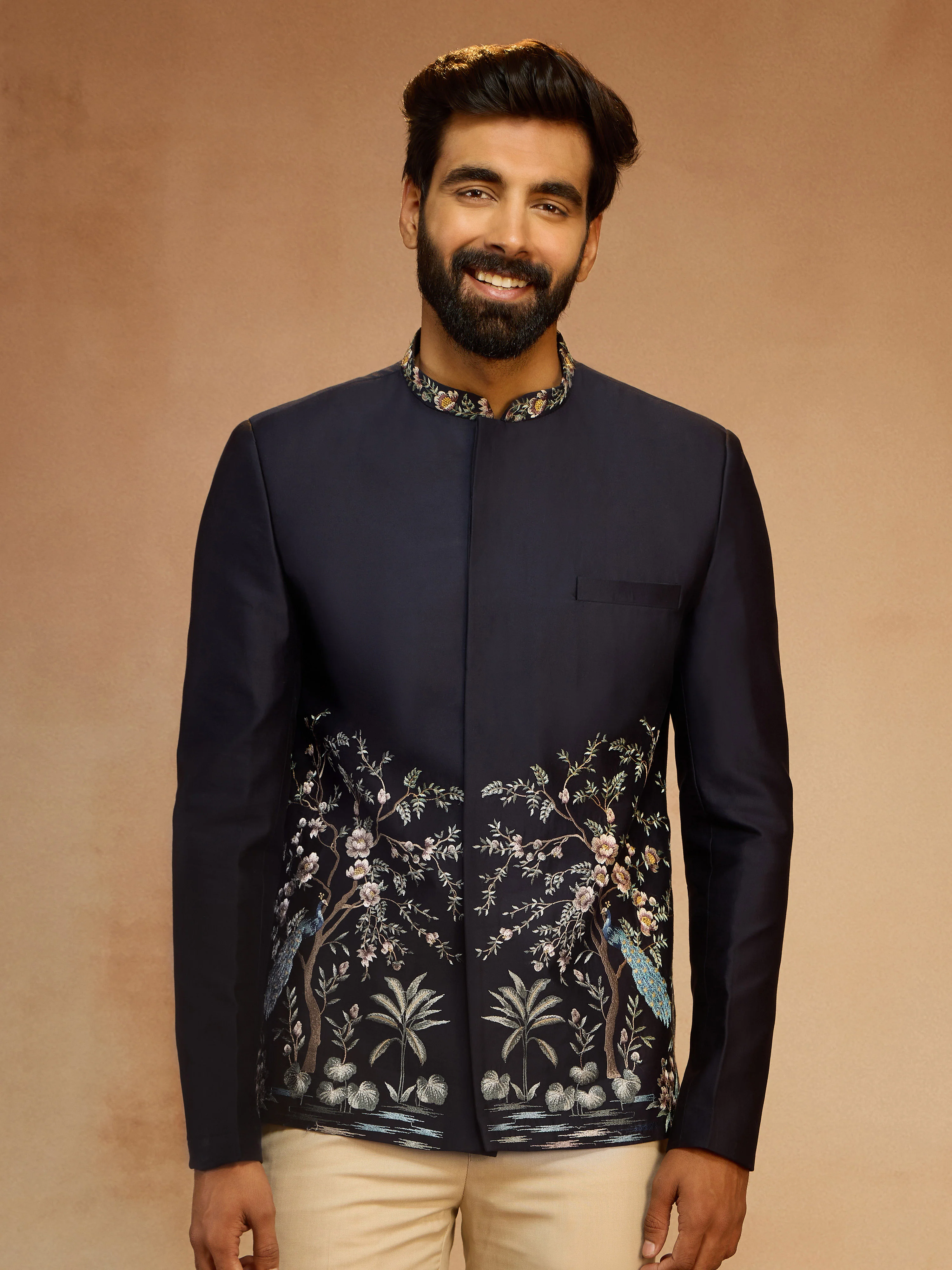 Men's Navy Blue Silk Thread Embroidered Jodhpuri with Daman Peacock & Tree Motif - Image 3