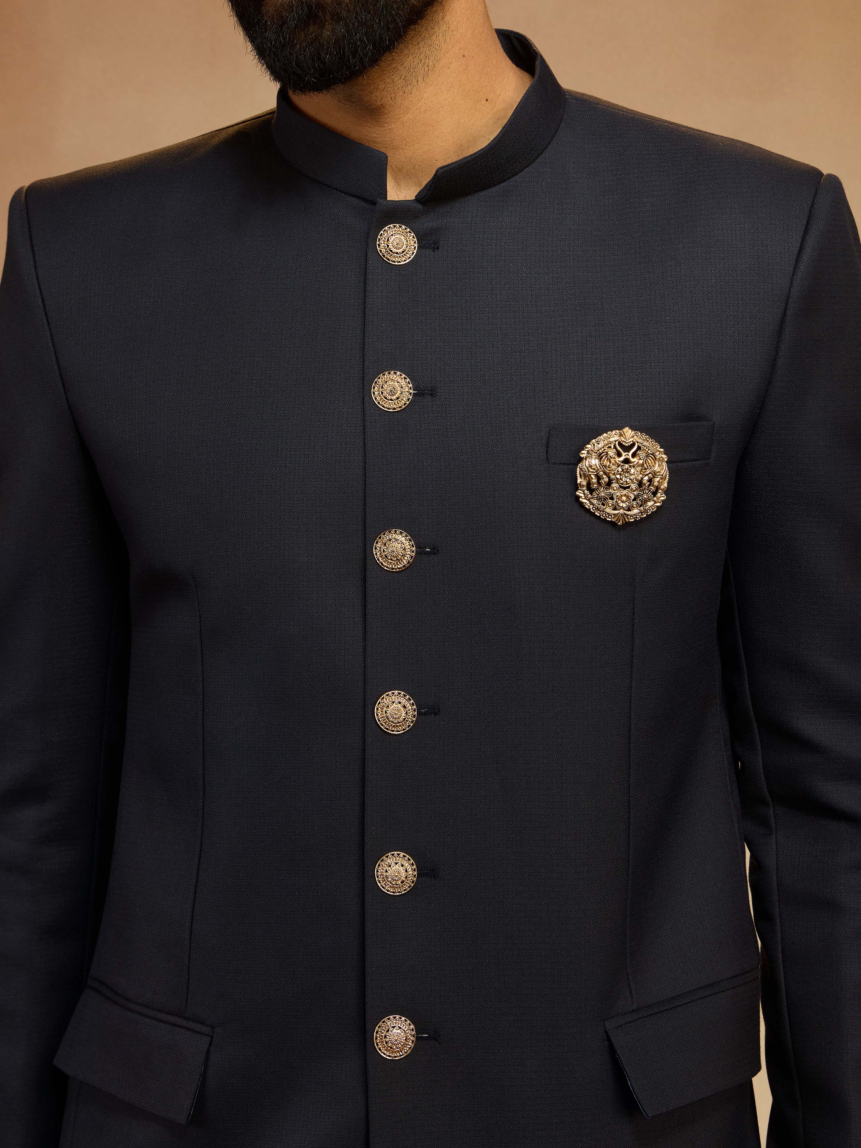 Men's Navy Blue Solid Imported Suiting Lycra Brooch Jodhpuri with Straight Pant Set - Image 2