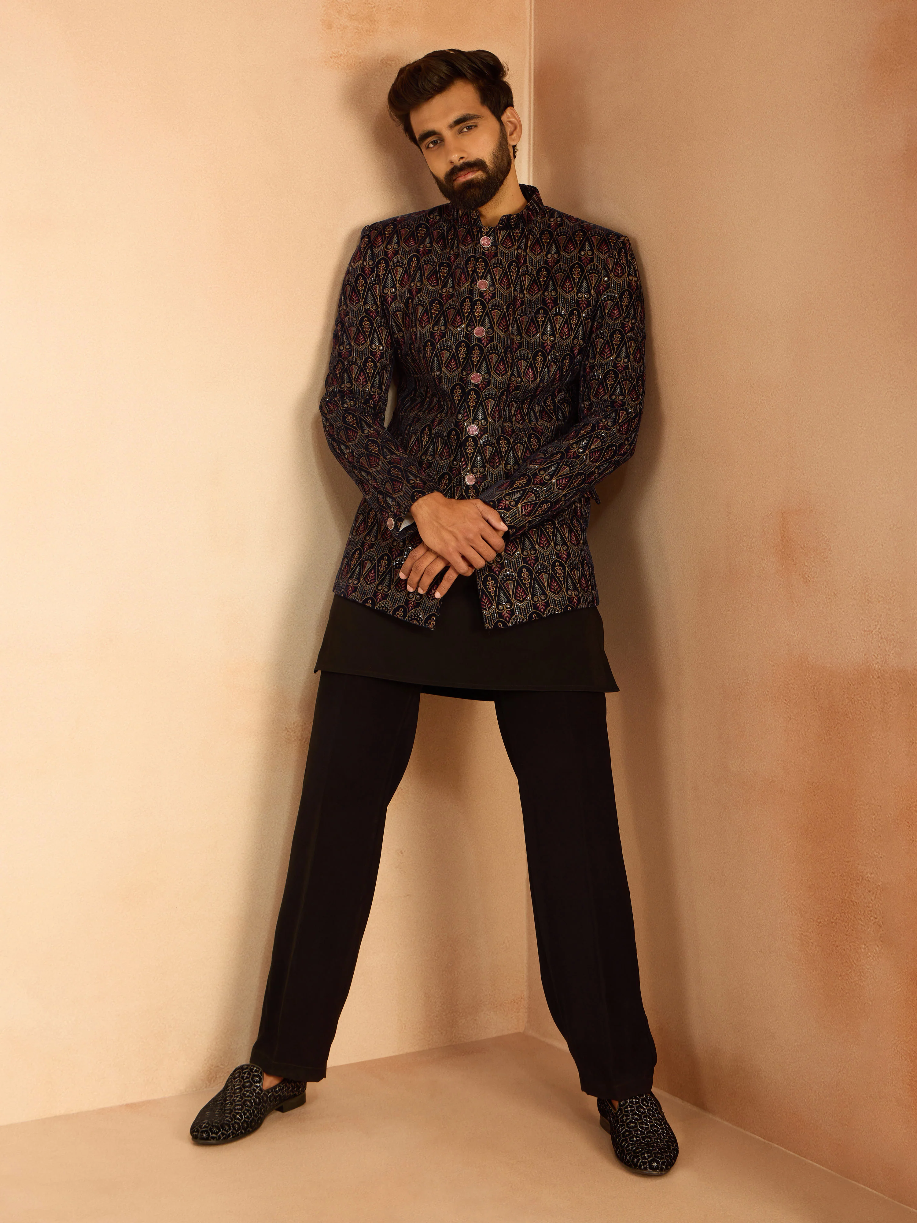 Men's Navy Blue Velvet Geometric Jodhpuri with Black Embroidered Kurta & Pant Set