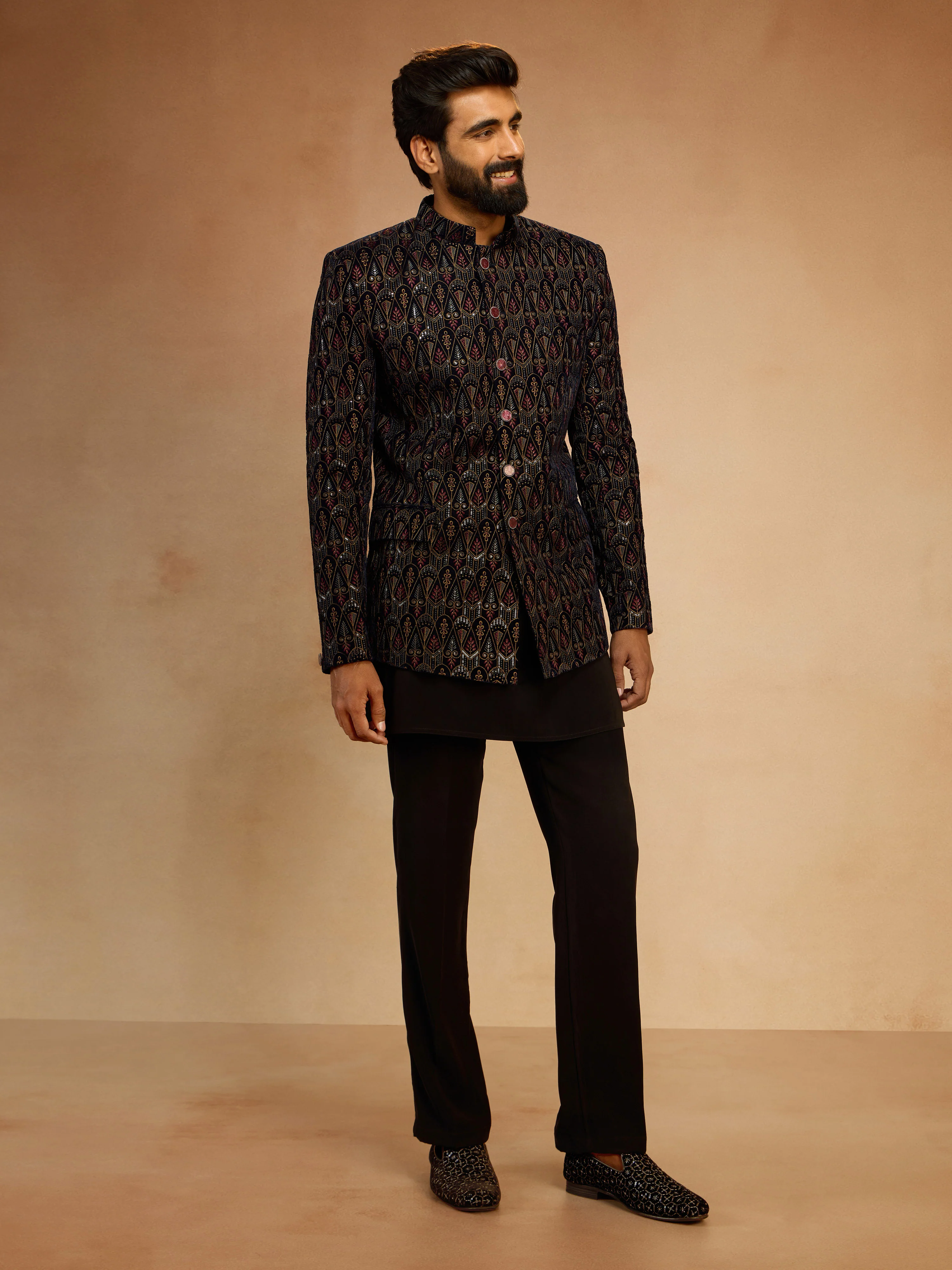 Men's Navy Blue Velvet Geometric Jodhpuri with Black Embroidered Kurta & Pant Set - Image 4