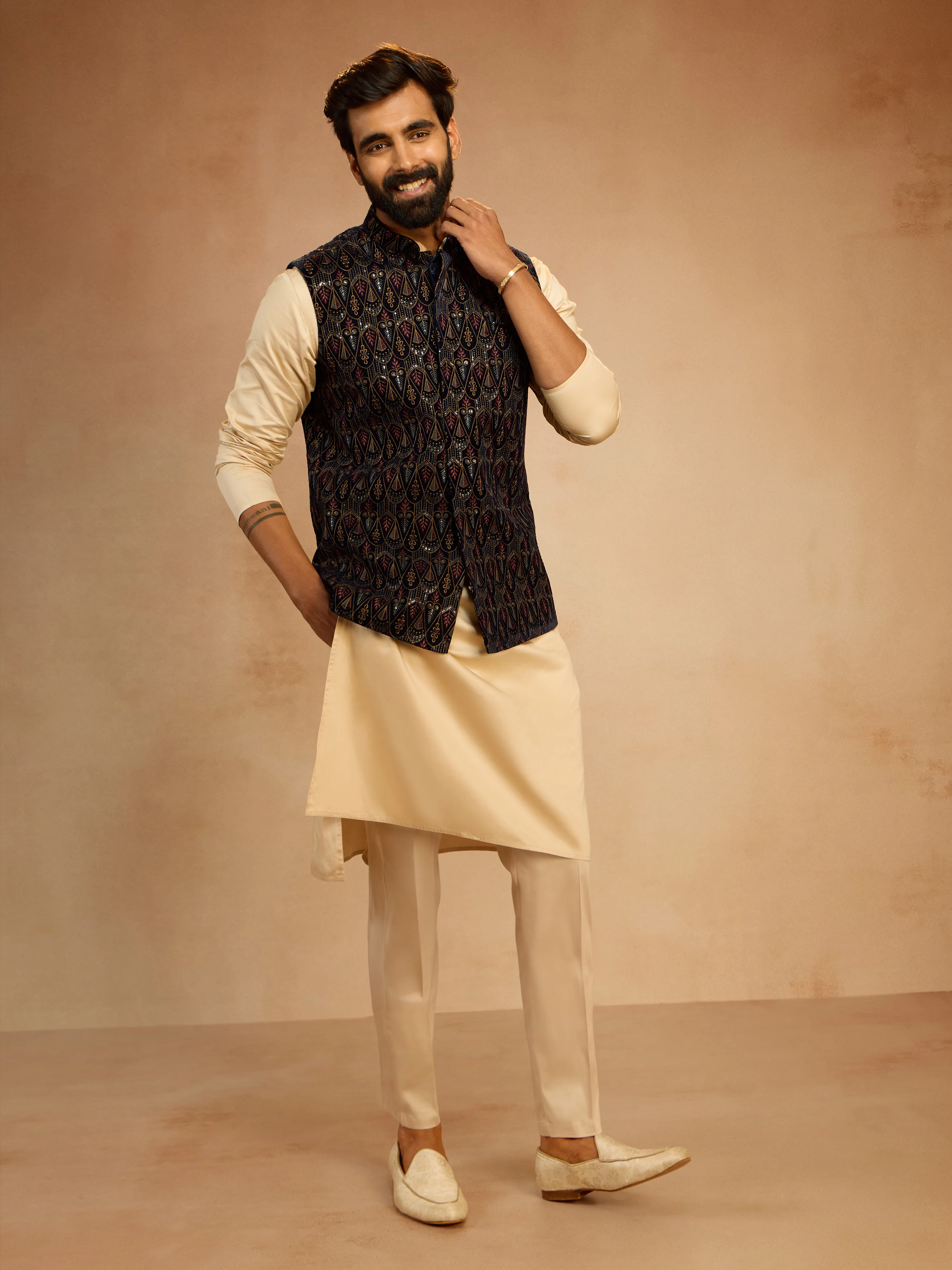 Men's Navy Blue Velvet Sequin Embroidered Nehru Jacket - Image 6
