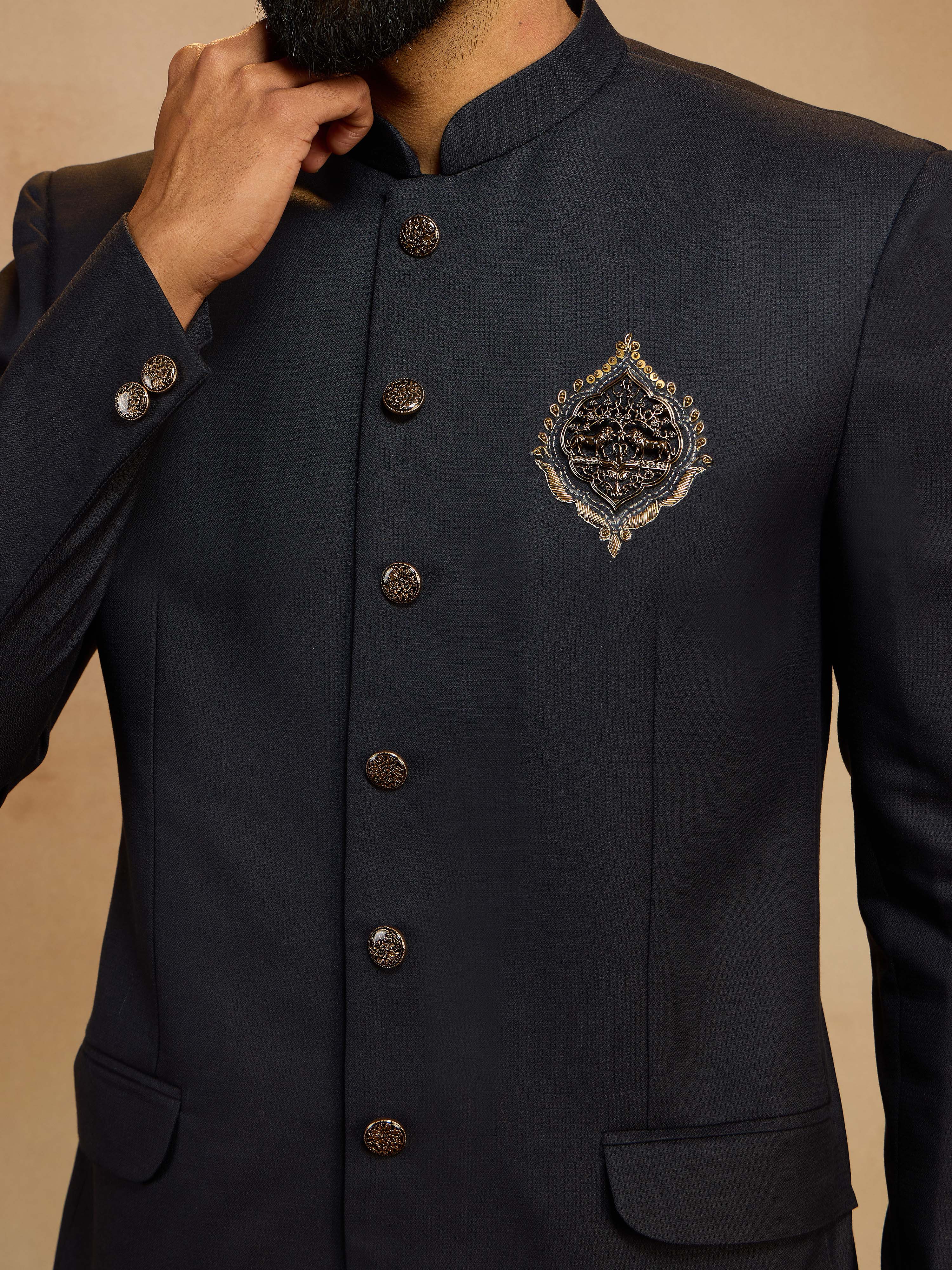 Men's Navy Blue Zardozi Sequin Embroidered Imported Suiting Lycra Jodhpuri with Straight Pant Set - Image 2
