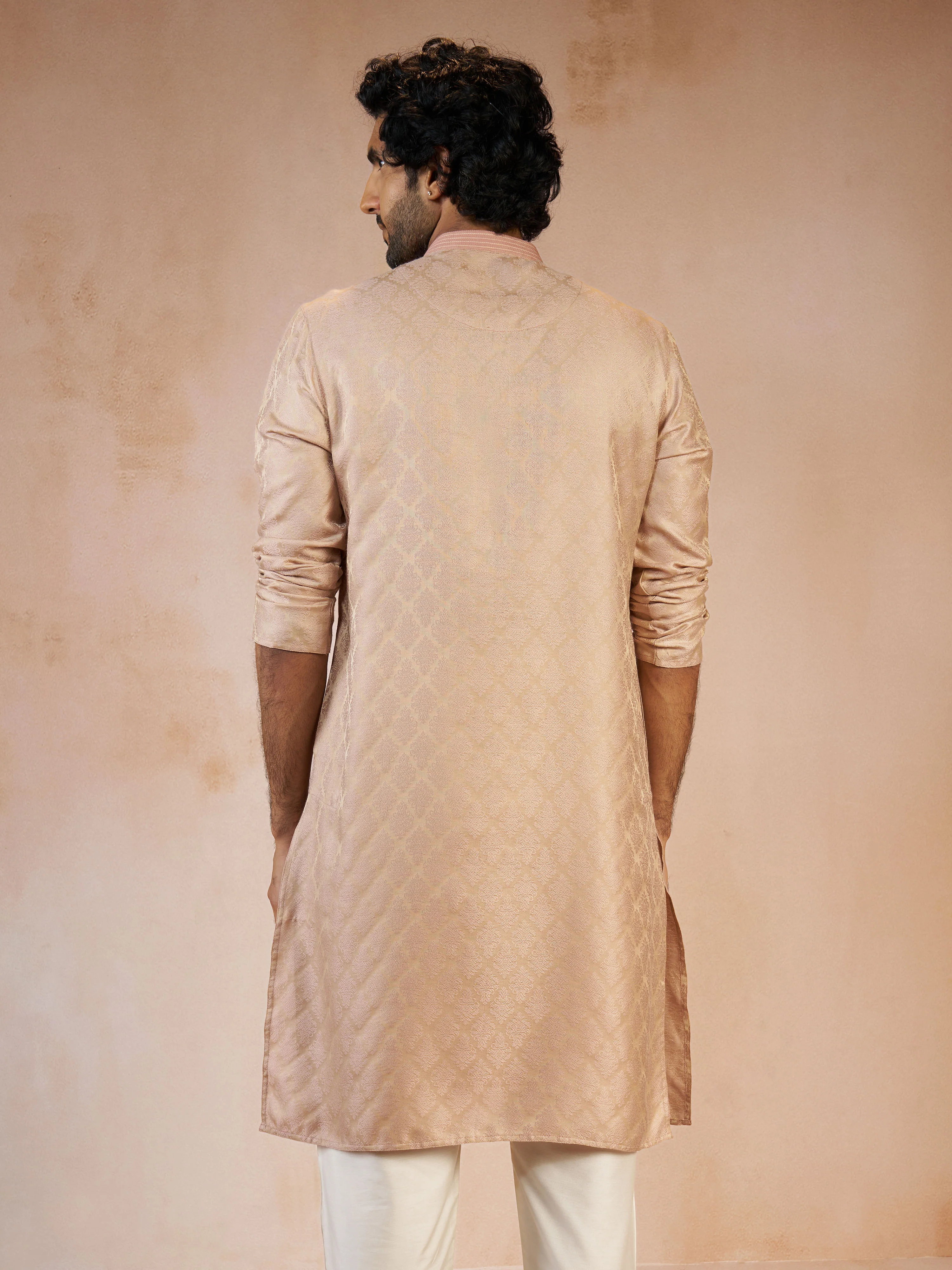 Men's Peach Jacquard Geometric Thread Embroidered Silk Blend Straight Kurta - Image 5