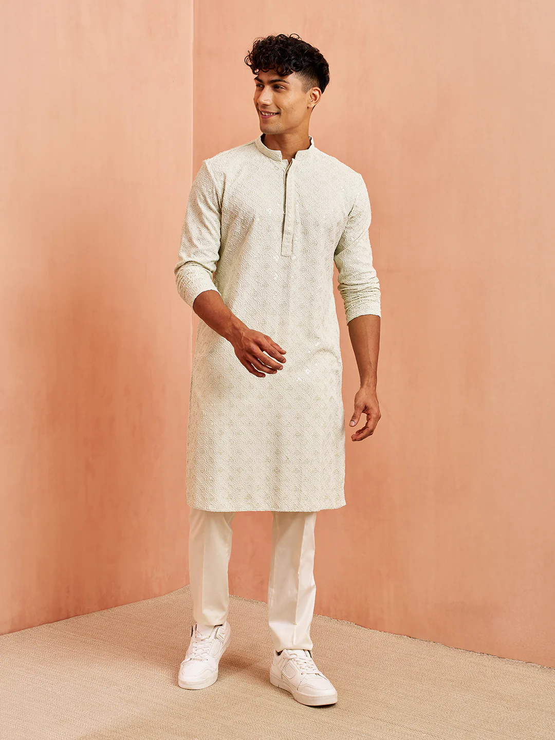 Men's Pista Green Chikankari Kurta with Cream Pant Set - Image 3