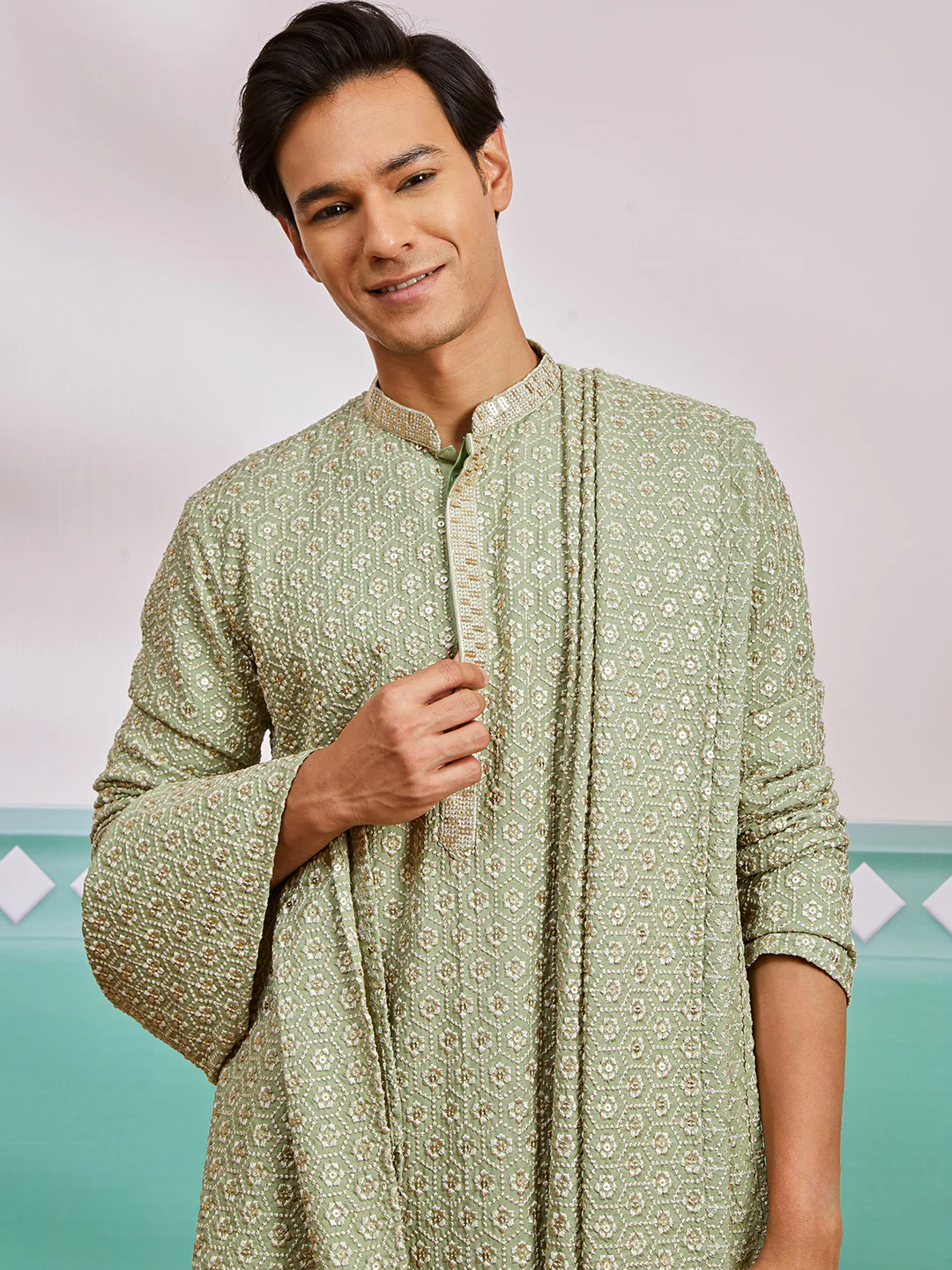 Men's Pista Green Chikankari Rayon Kurta with Silk Dupatta Set - Image 3