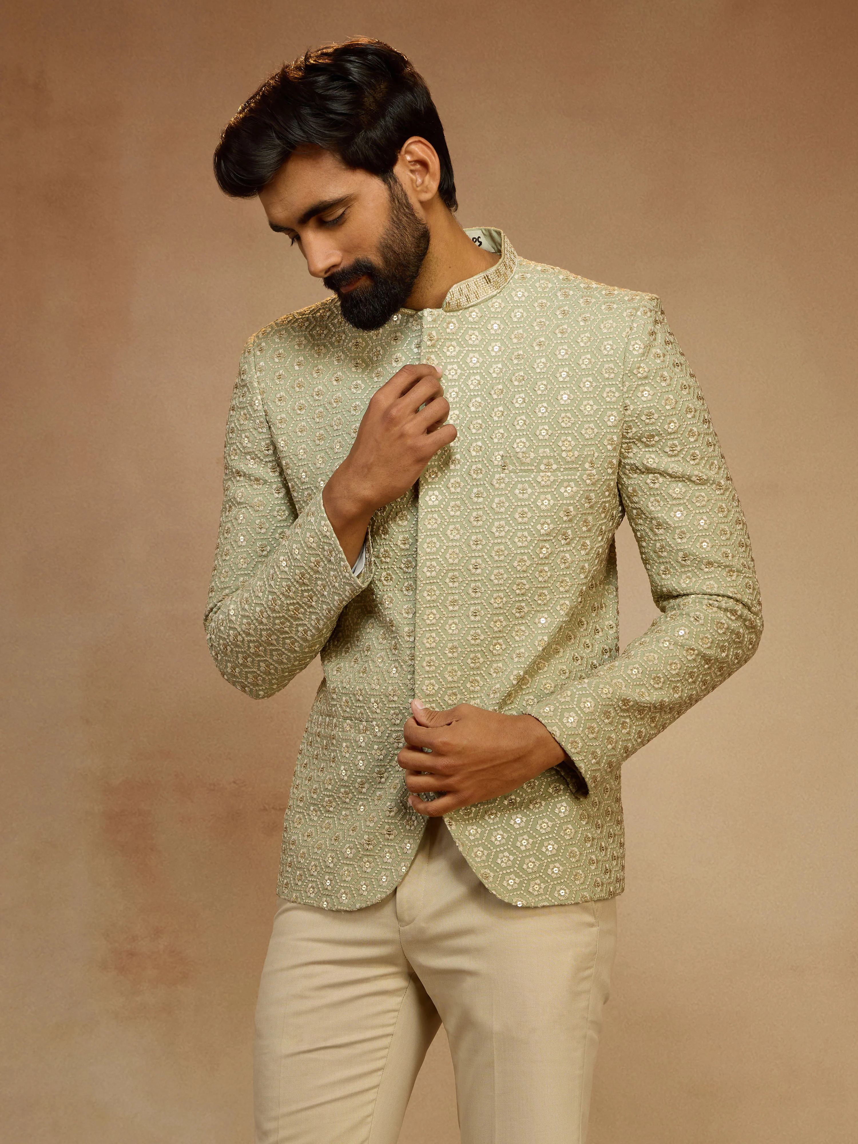 Men's Pista Green Sequin Embroidered Jodhpuri Jacket - Image 3