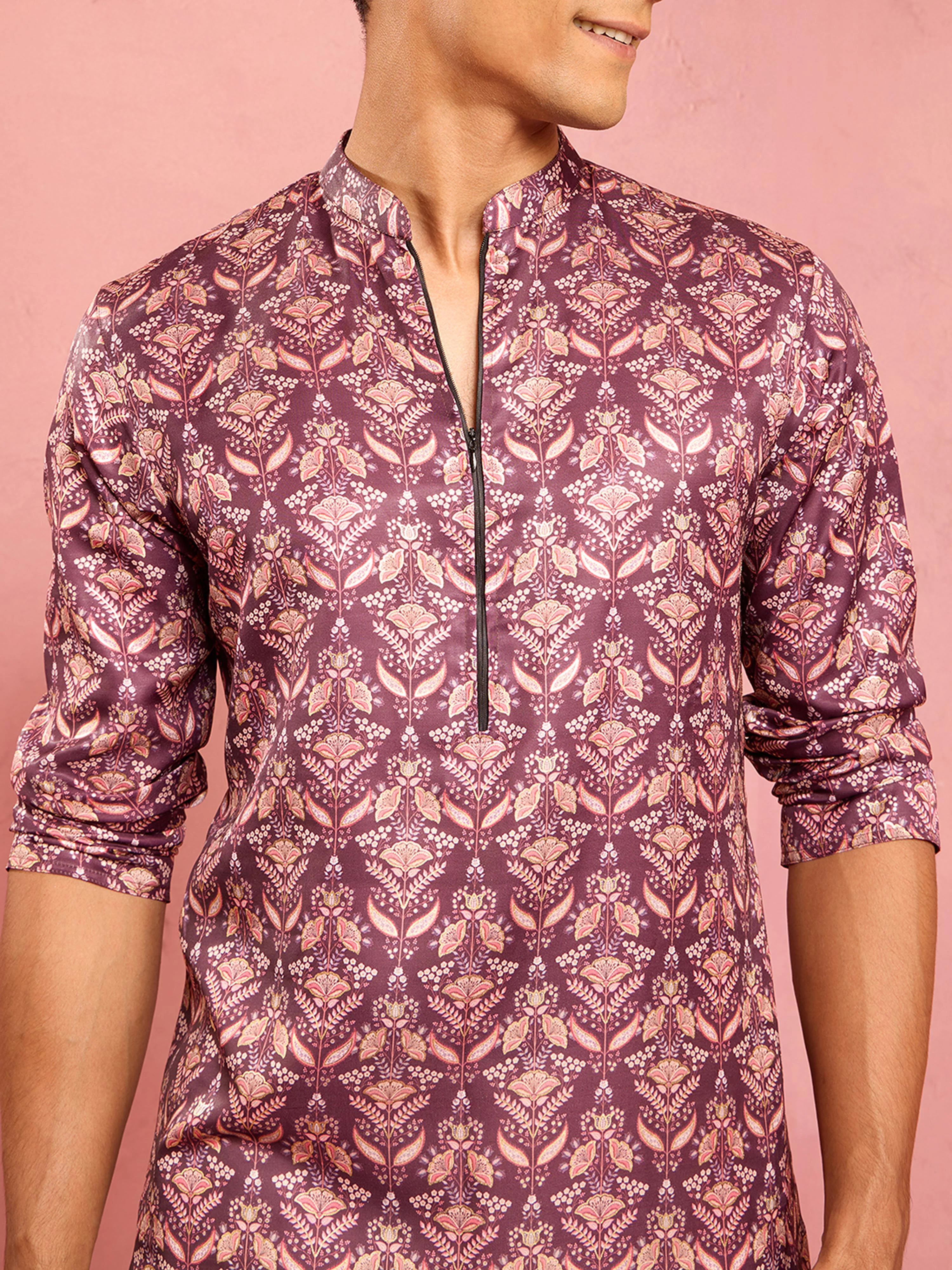 Men's Purple Silk Blend Floral Foil Print Kurta with Cream Pant Style Pyjama Set - Image 2