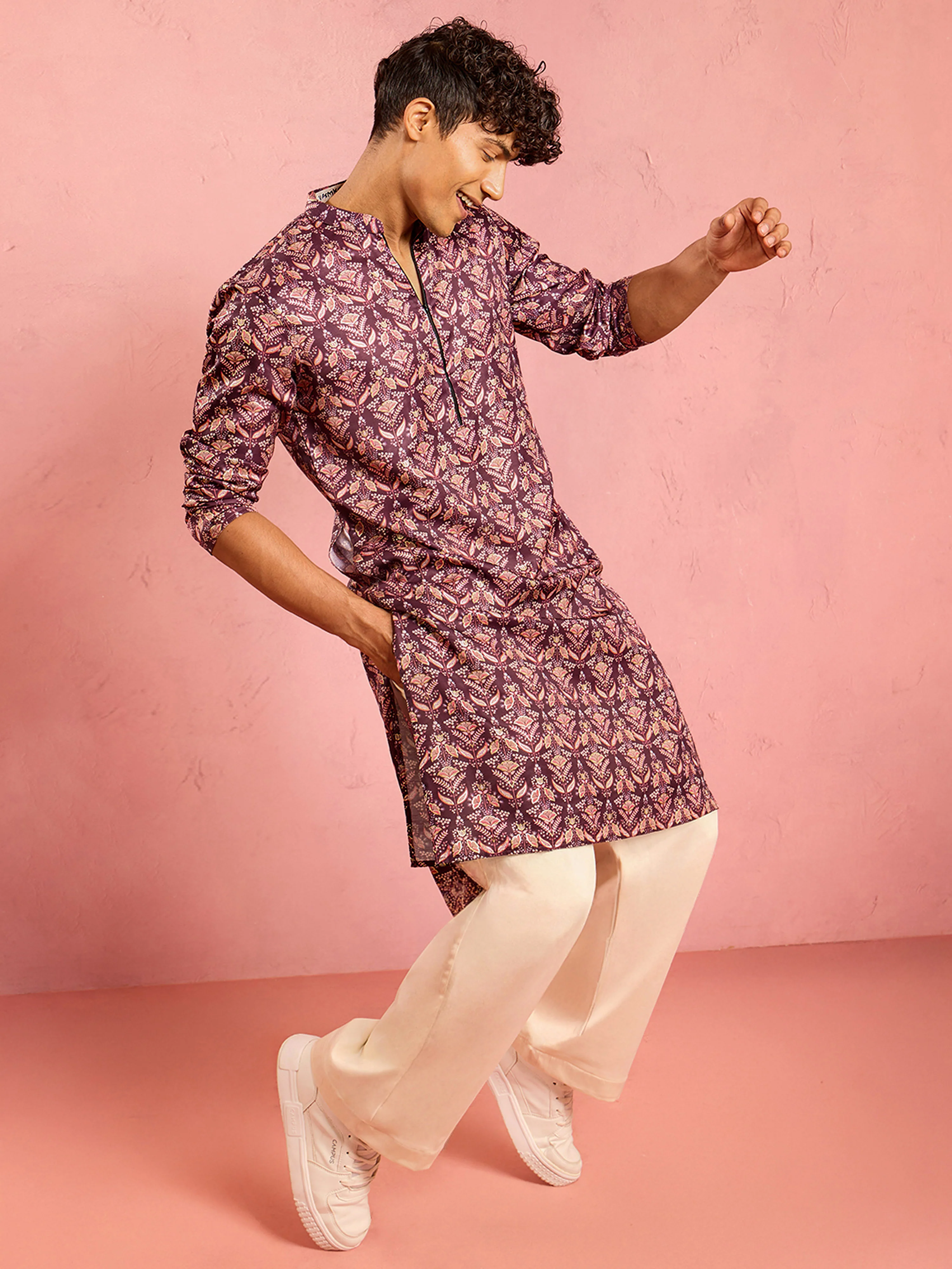 Men's Purple Silk Blend Floral Foil Print Kurta with Cream Wide Leg Palazzo Set