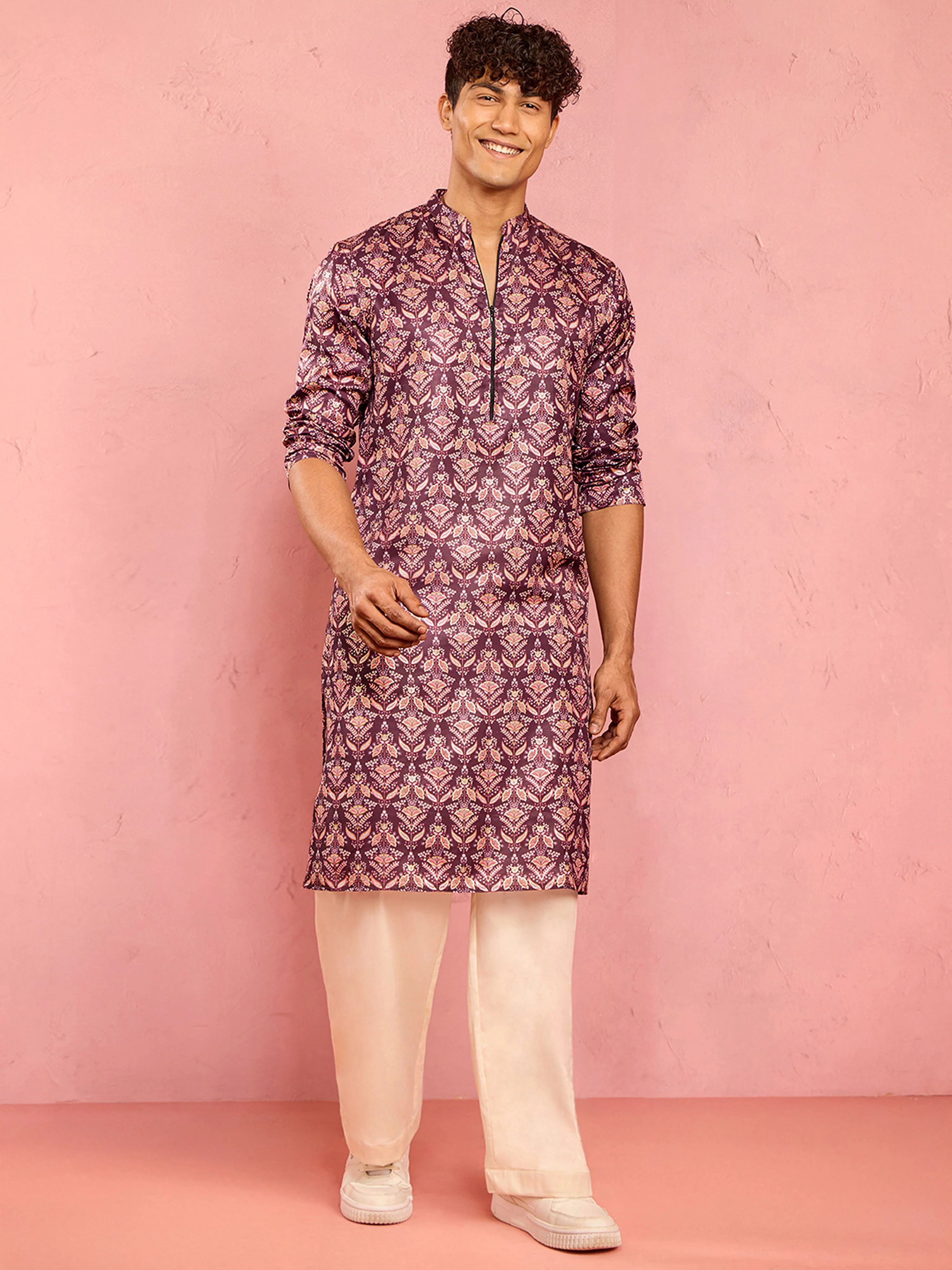 Men's Purple Silk Blend Floral Foil Print Kurta with Cream Wide Leg Palazzo Set - Image 3