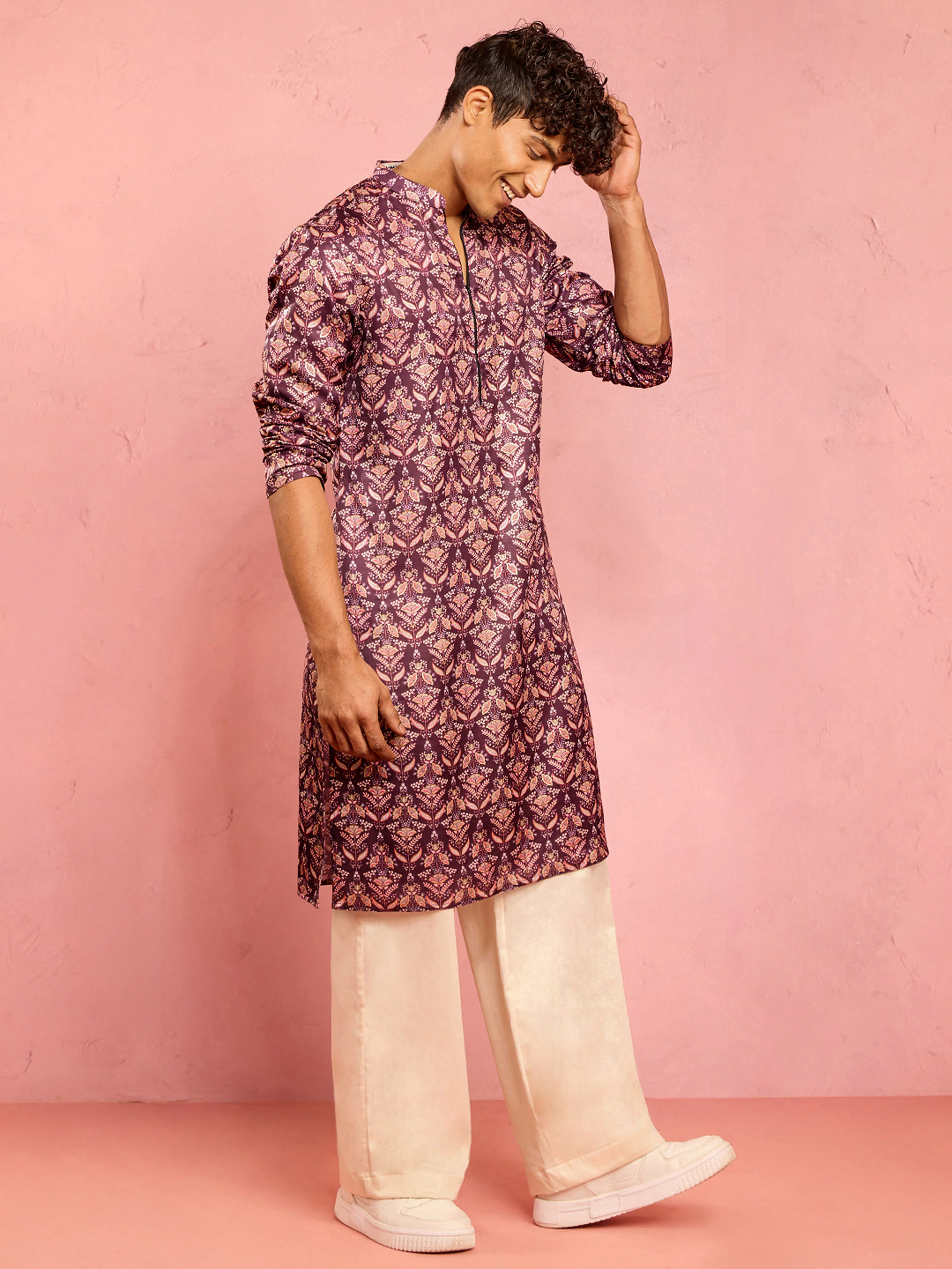 Men's Purple Silk Blend Floral Foil Print Kurta with Cream Wide Leg Palazzo Set - Image 4
